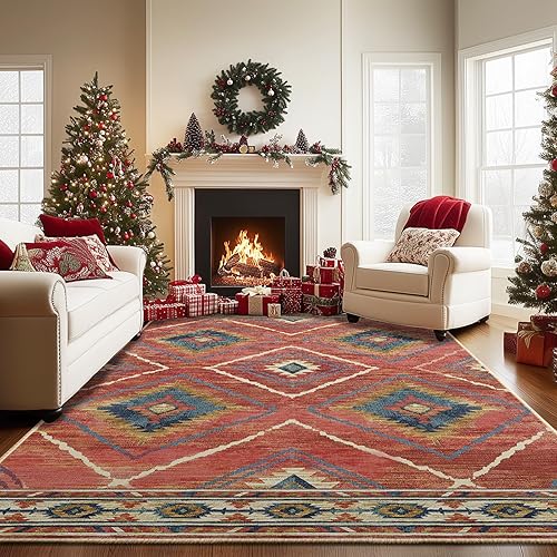 BESTSWEETIE 9x12 Area Rug Machine Washable Non-Slip Low Pile Print Pattern Western and Aztec Rug for Living Room Bedroom Entryway-Red/Orange