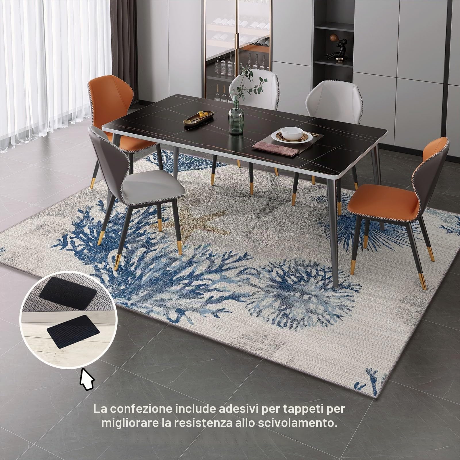 Blu Tappeto Salotto 120 x 170 cm Antiscivolo Tappeti Lavabile Stile Marino Texture Stella Marina Corallo Motivo Pelo Corto per Camerette Camera da Letto Sala da Pranzo