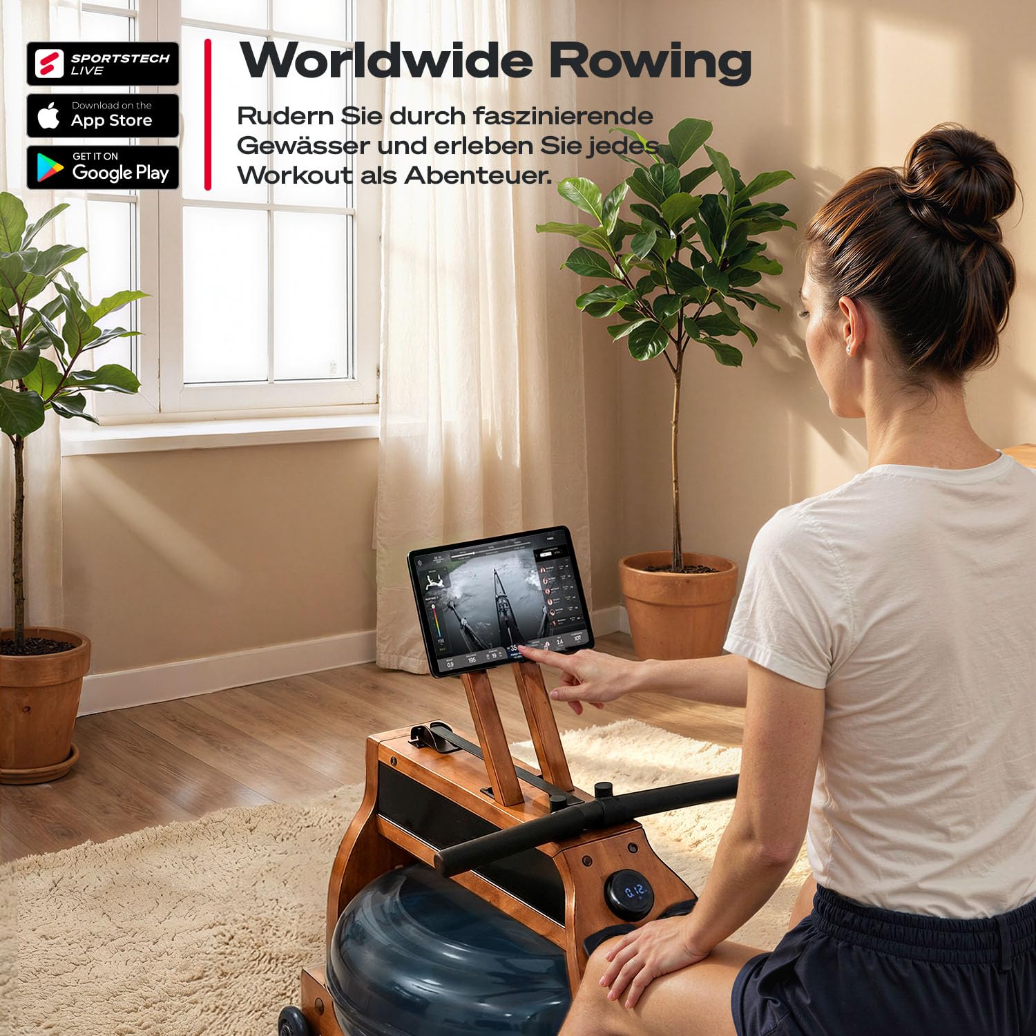 Sportstech Wasser Rudergerät für Zuhause WRX500 bis 150 kg, Rudermaschine aus FSC-Holz, vertikal verstaubar, App, Bluetooth & LED-Display, Tablethalter, gelenkschonendes Ganzkörpertraining