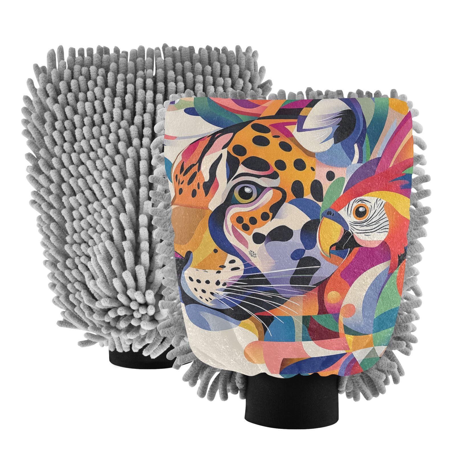 Yoogain Tropical Colorful Leopard Parrot Pop Art Style Car Wash Mit Scratch Free Hand Mitt Car Wash Glove Car Sponges