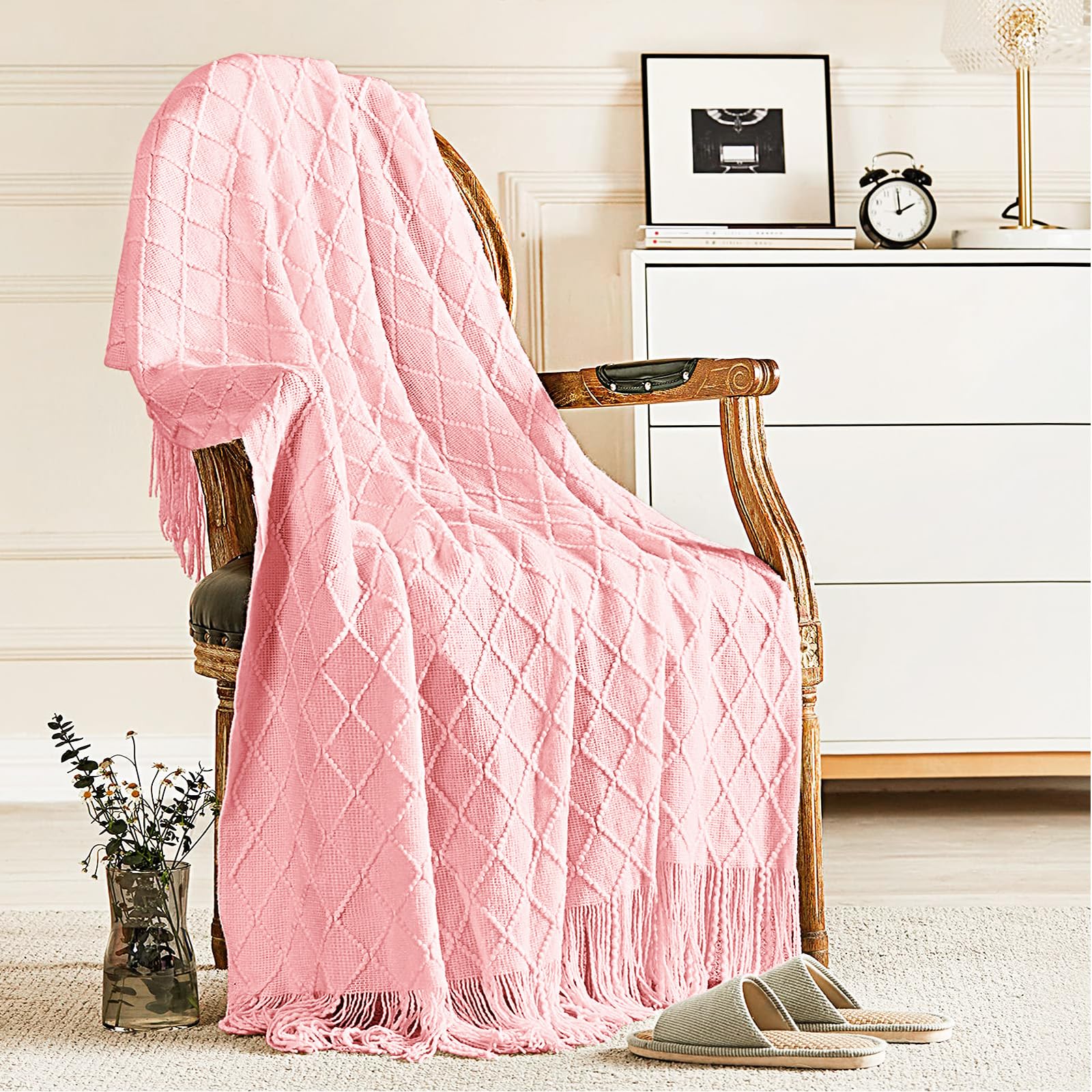 inhand Strick-Überwurfdecke für Couch, Bett, Muttertag/Geburtstagsgeschenke, romantische Dekoration für sie, ihn, Freundin, Ehefrau, Bauernhaus, warm, gewebt, 127 x 152,4 cm, Rosa