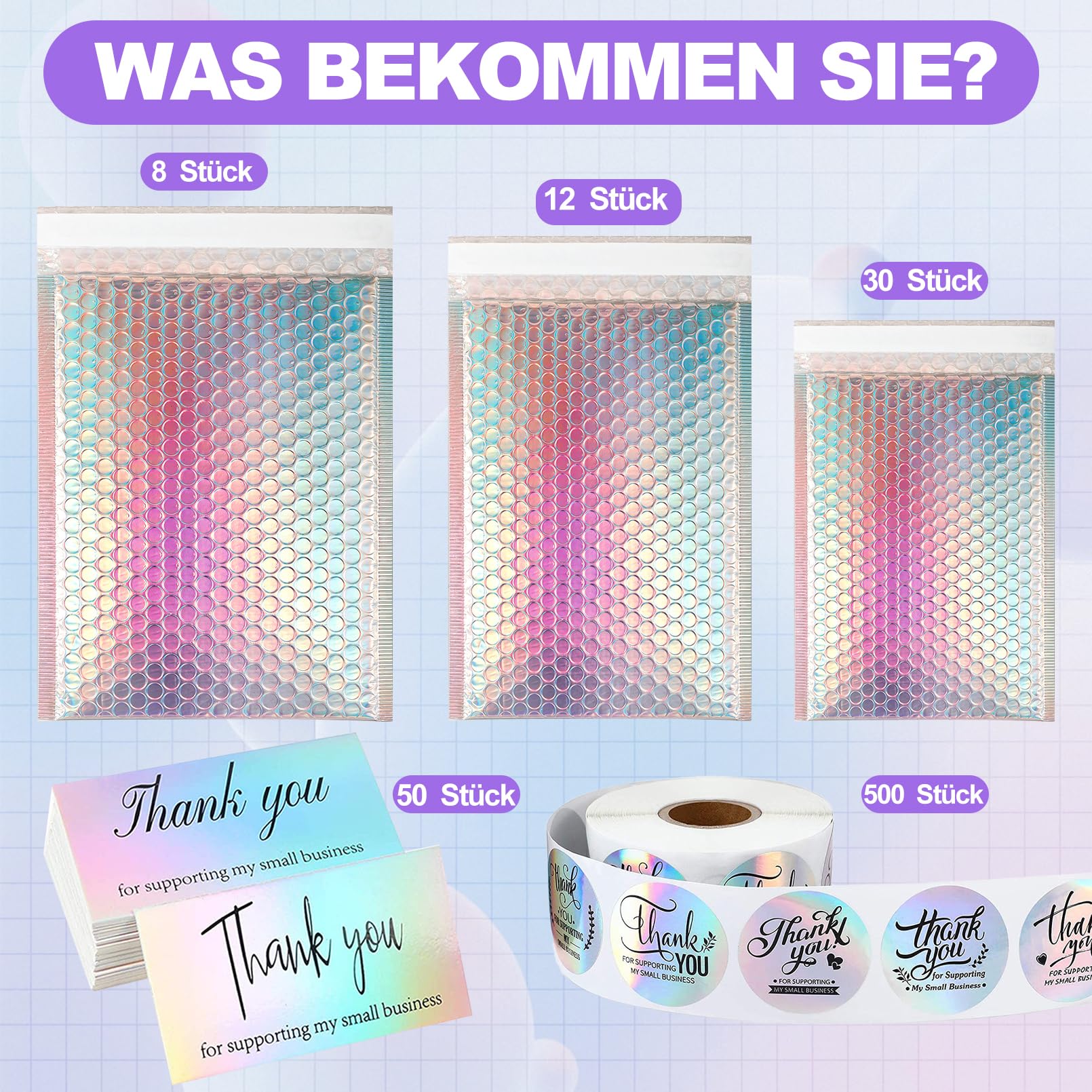 Lot de 50 enveloppes à bulles holographiques avec cartes de remerciement - Poly Bubble Mailer autocollant