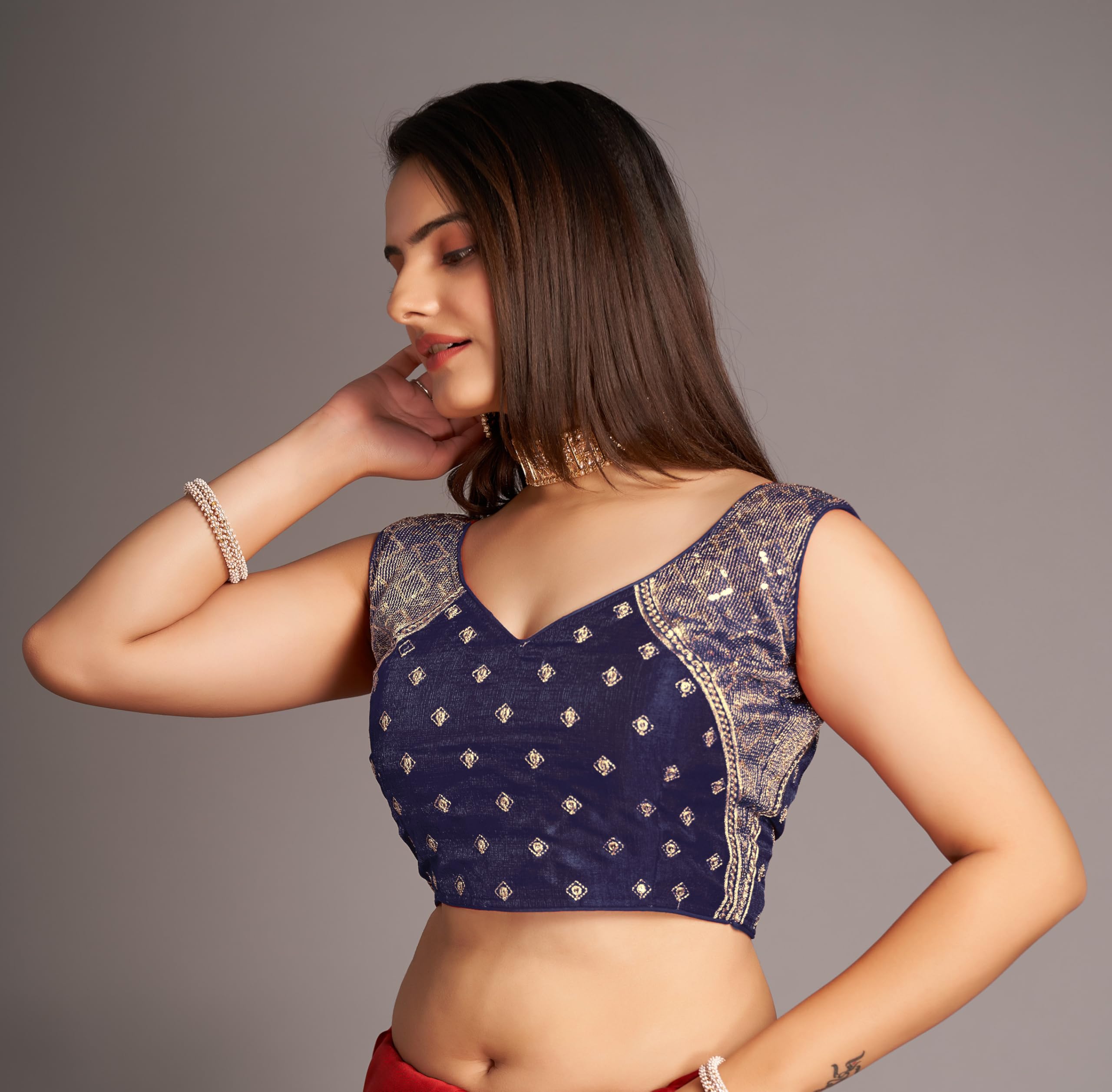 Pujia Mills Women's Sequin Embroidered V Neck Sleeveless Navy Blue Readymade Saree Blouse Indian Ethnic Stitched Padded Blouses For Women
