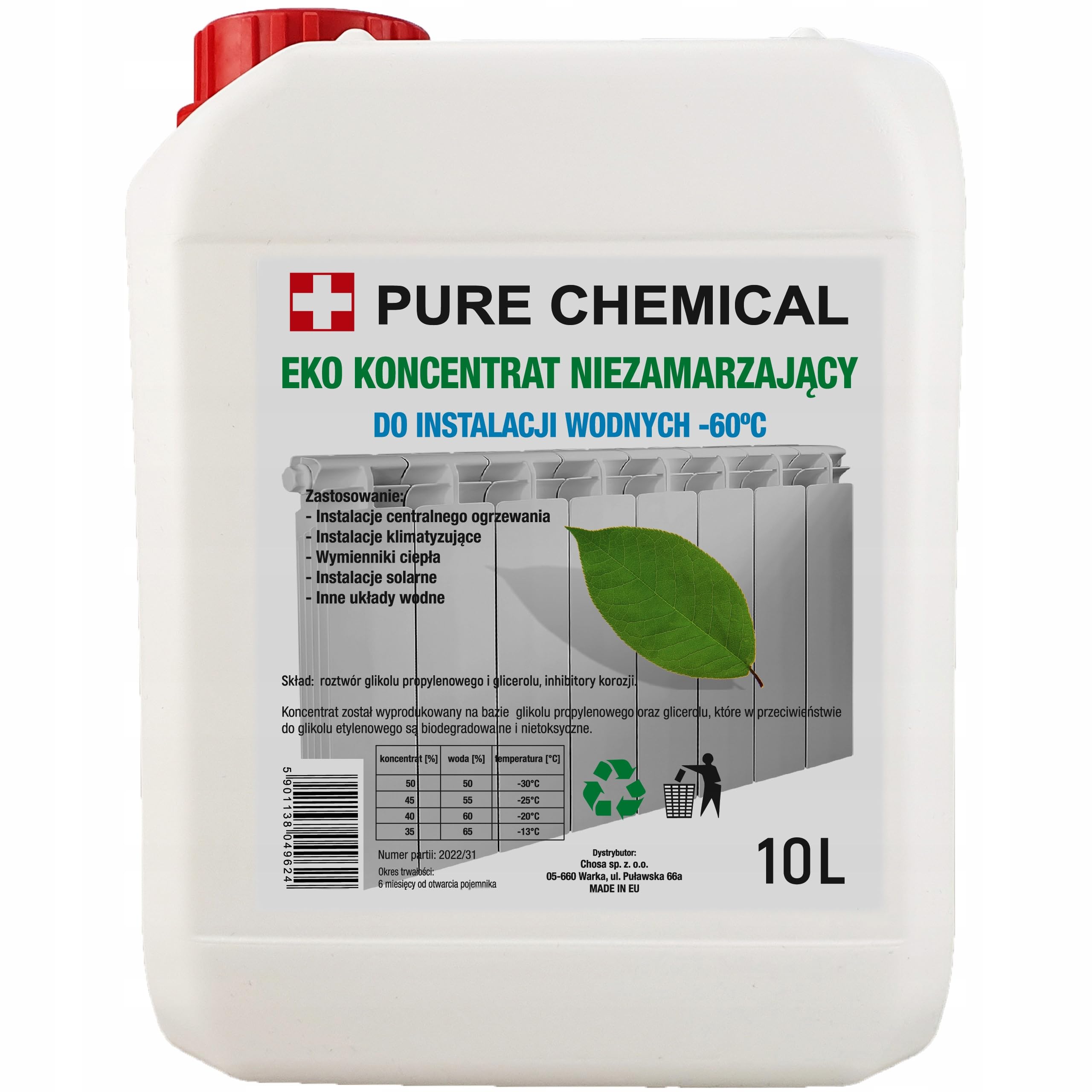 CHOSA Liquido antigelo concentrato C.O. -60°C 10L - Ecologico - Protezione dalla corrosione - Non tossico - Biodegradabile