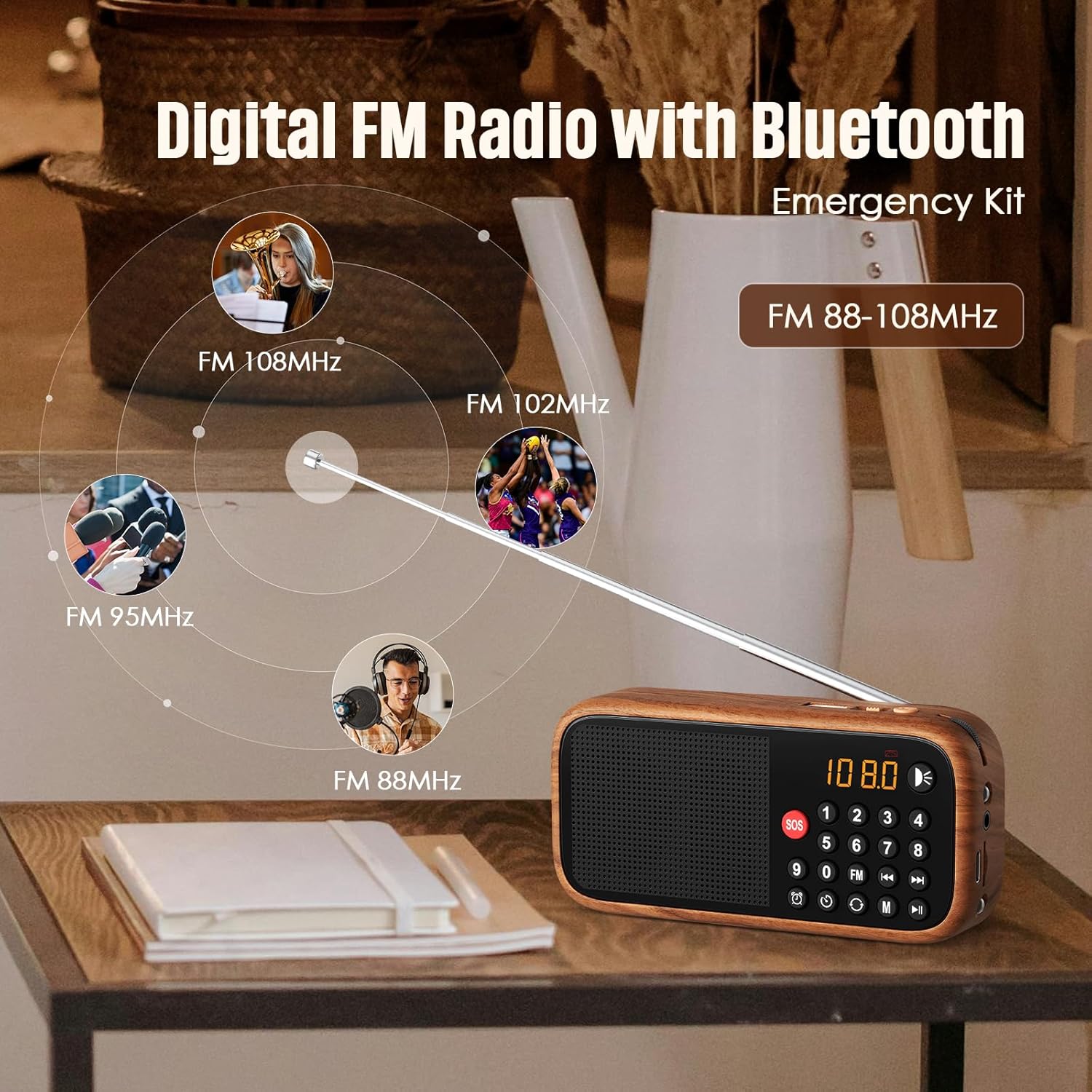 Diagram illustrating FM radio reception with the LEOTEC radio, showing different frequencies (88MHz, 95MHz, 102MHz, 108MHz) being received.