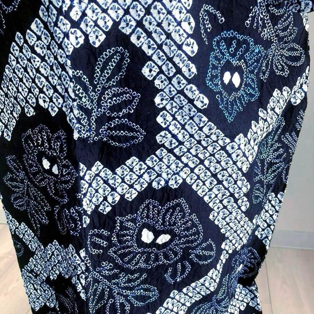 有松絞り 蜘蛛絞り 浴衣 しつけ糸付 手縫い 花模様 身丈154 裄 65 袖丈44