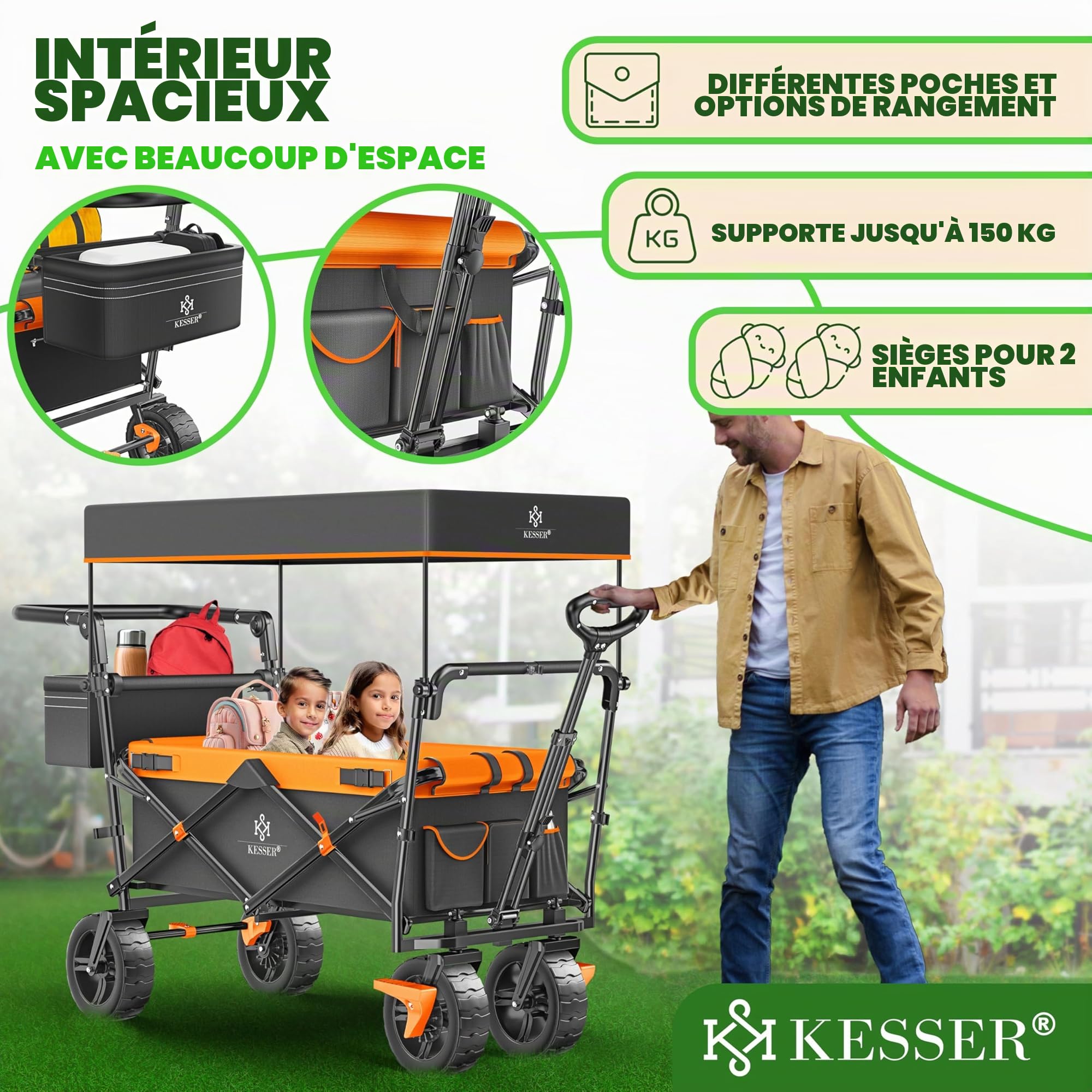 KESSER GT9000 Chariot de transport pliable avec toit - Charge maximale : 150 kg - Avec roues en caoutchouc dur et freins de stationnement (avant et arrière) - Avec serrure, couverture, intempéries et