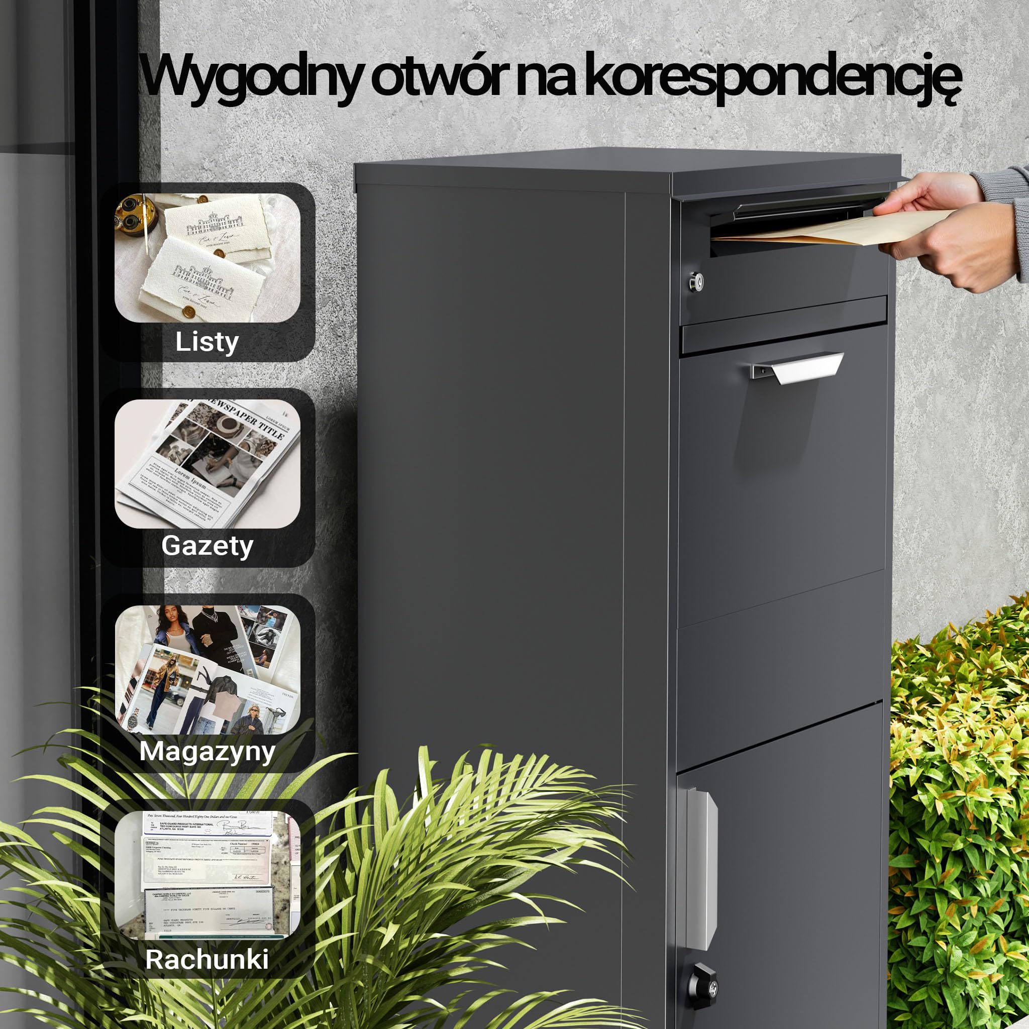 Wolnostojąca skrzynka na listy i paczki antracytowa 500 x 370 x 1120 mm, pojemnik na paczki z zabezpieczeniem korespondencji, skrzynka kurierska