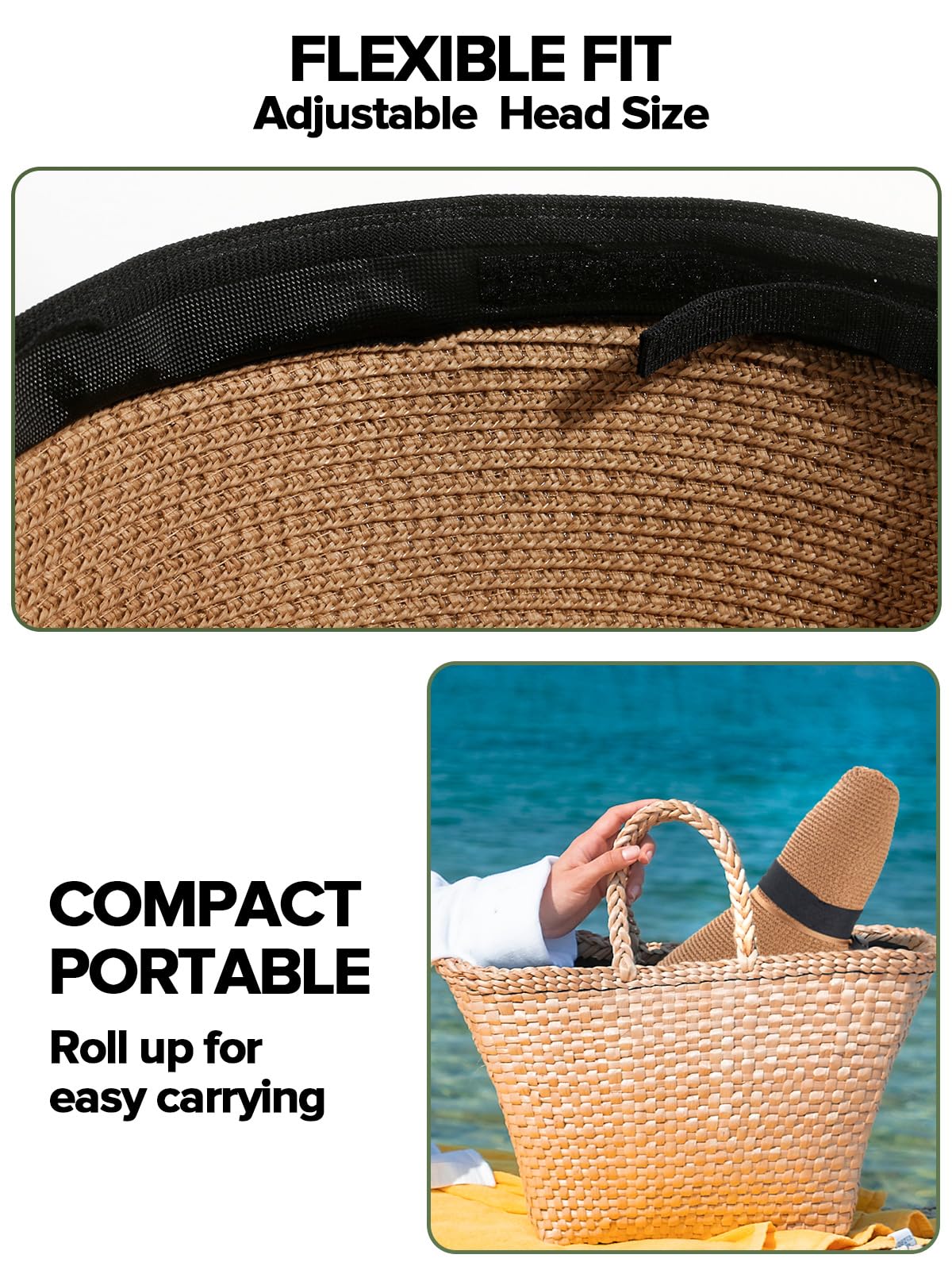 Sombreros de sol para mujer con agujero para cola de caballo, sombreros de playa de ala ancha para mujer, sombrero de paja flexible, plegable, sombreros de verano plegables para mujer, Caqui, Mediana 6
