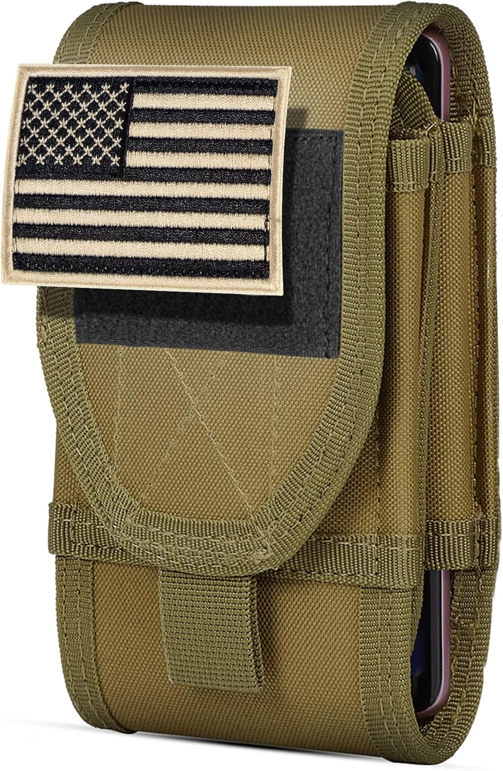 IronSeals Double Capacity Phone Holster, Tactical Molle Belt Pouch with Flag Patch for iPhone 17 Pro Max/16 Pro Max/16Pro/15ProMax/14 Pro Max/13 Pro Max, Samsung S25, Size Large Extra Stiffness