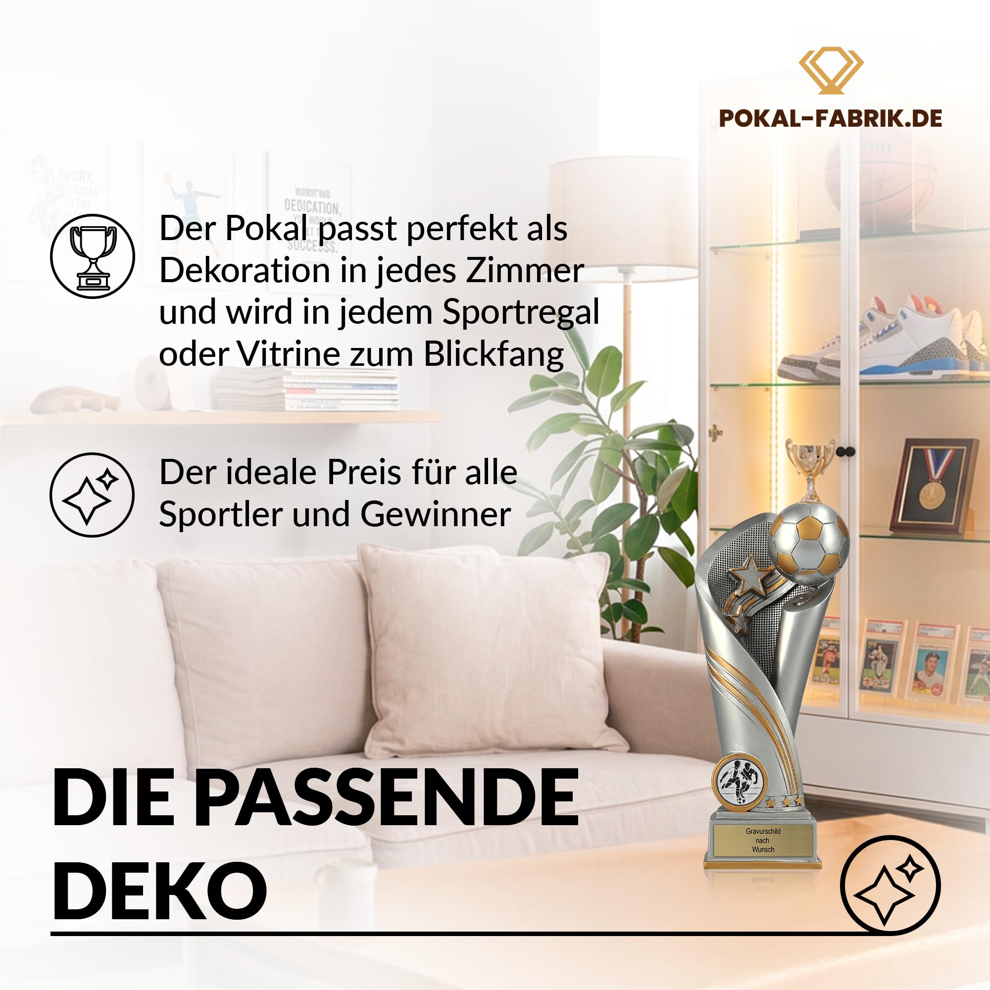 Pokal-Fabrik - Fussball Pokal mit Gravur Wunschtext & Sportemblem - Einzeln / 3er Set - Gold/Silber Resin Trophäe – personalisierte Auszeichnung für Fußball WM, Sport Events & Wanderpokal