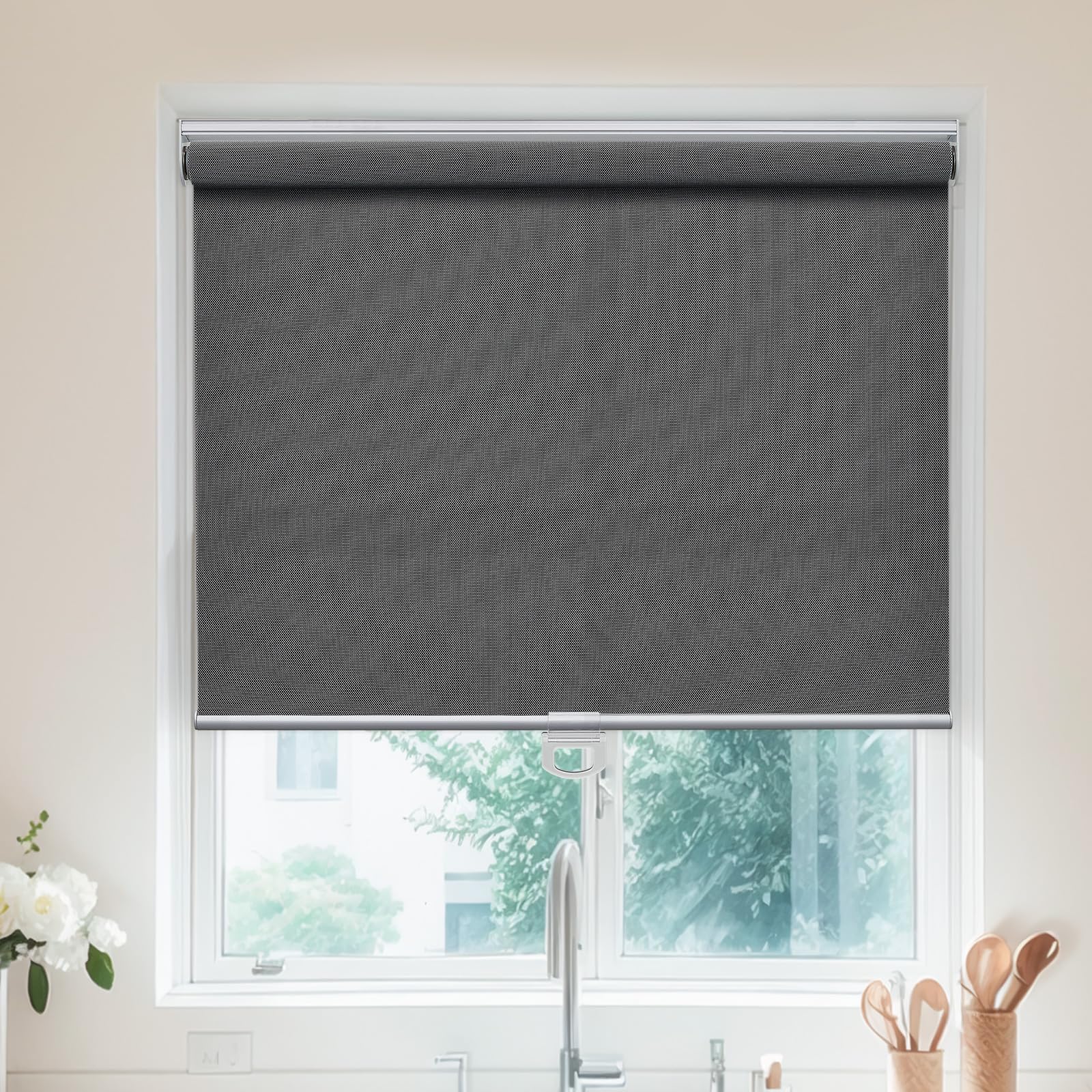 Light Filtering Roller Shades for Windows Solar Shade Thermal Insulated Fabric Roller Blinds with Spring System, Easy to Install Sheer Shades for Bedroom Office Door, Black/Pearl 1% Openness