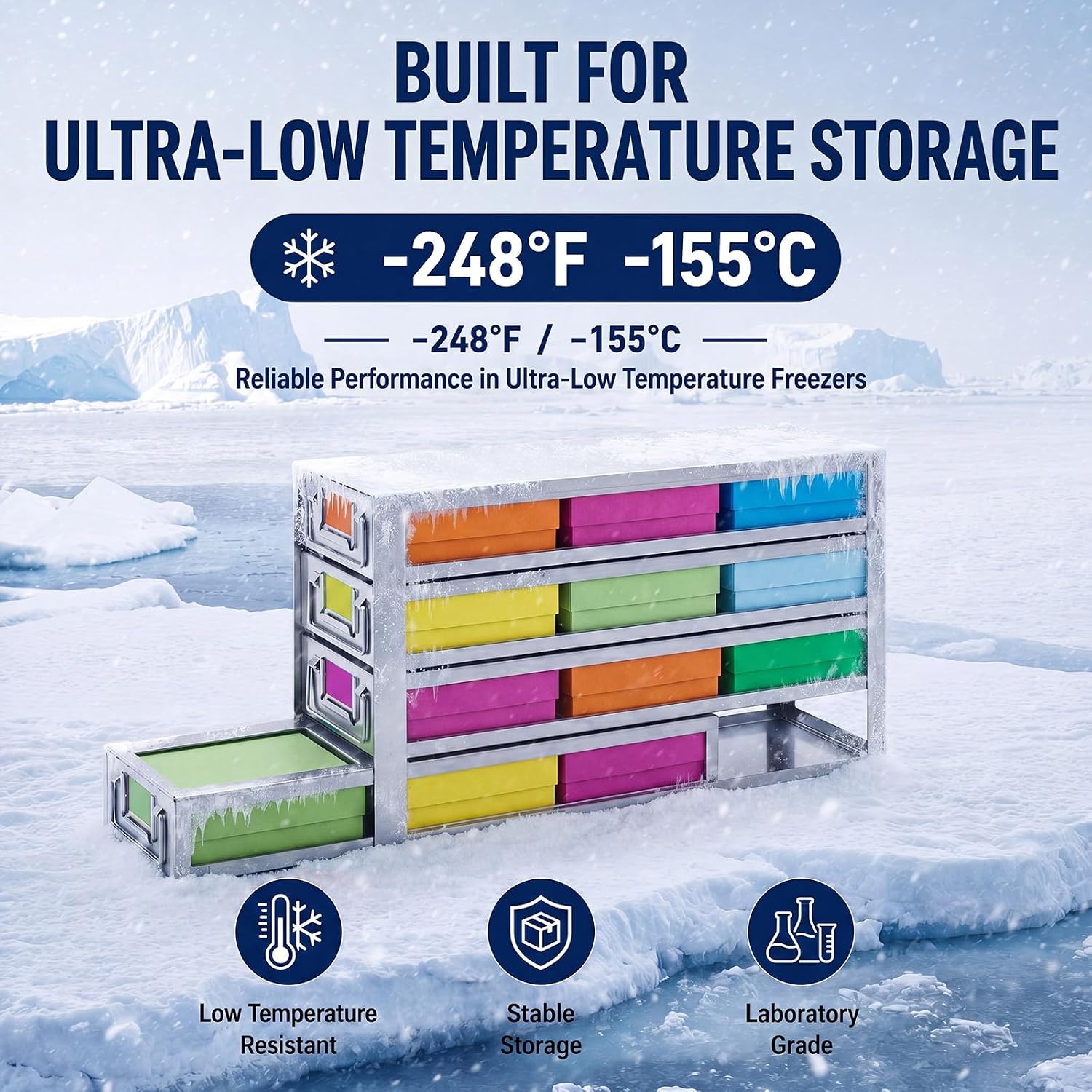 Hicarer 2 Pack Cryogenic Box Rack for 2 Inch Storage Boxes, 12 Capacity Freezer Rack for -248 F Ultra-Low Temperature Freezers, 304 Stainless Steel Cryogenic Organizer for Laboratory Sample Organize