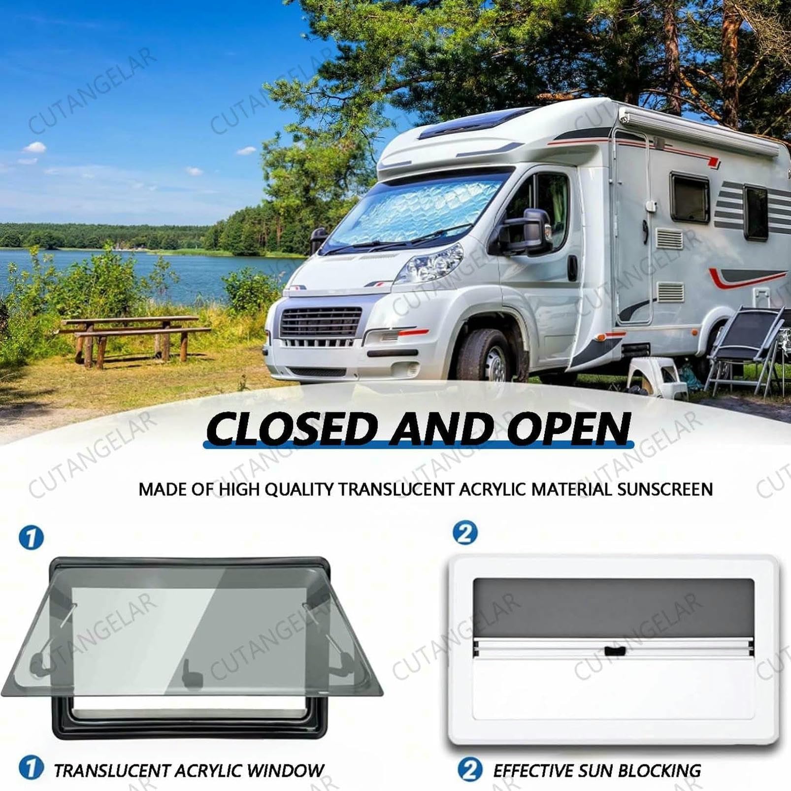 Finestra per camper, in alluminio leggero, doppio acrilico con protezione UV, parasole e schermo integrati, apertura a 70° per rimorchi e camper