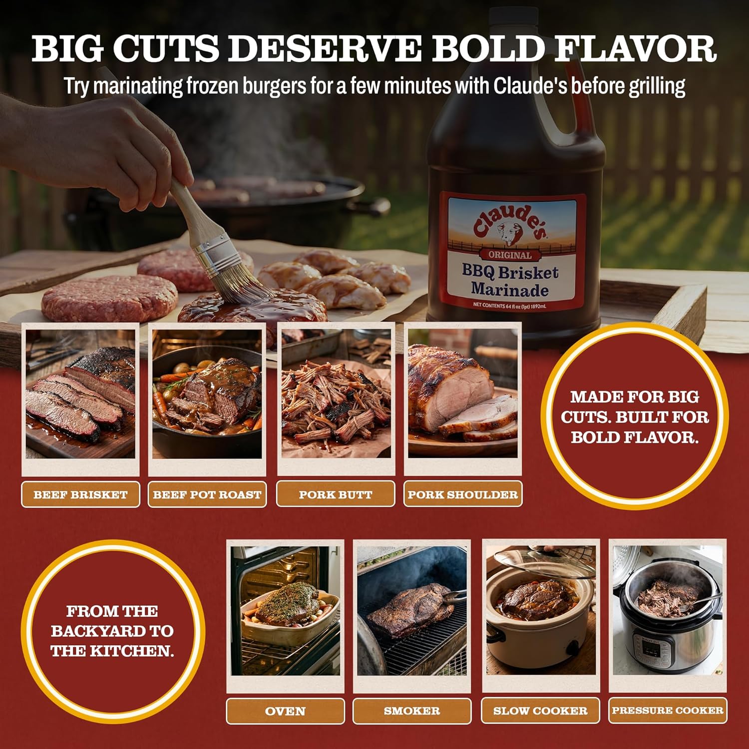 Claude's Original BBQ Brisket Marinade Sauce (Pack of 1, 64 oz) – Smoky Texas Barbecue Sauce – Tenderizing, Gluten Free - All-Natural BBQ Sauce for large cuts of meat, brisket, chuck roast, pork shoulder, leg of lamb. Or Ribs, Chicken & Steak