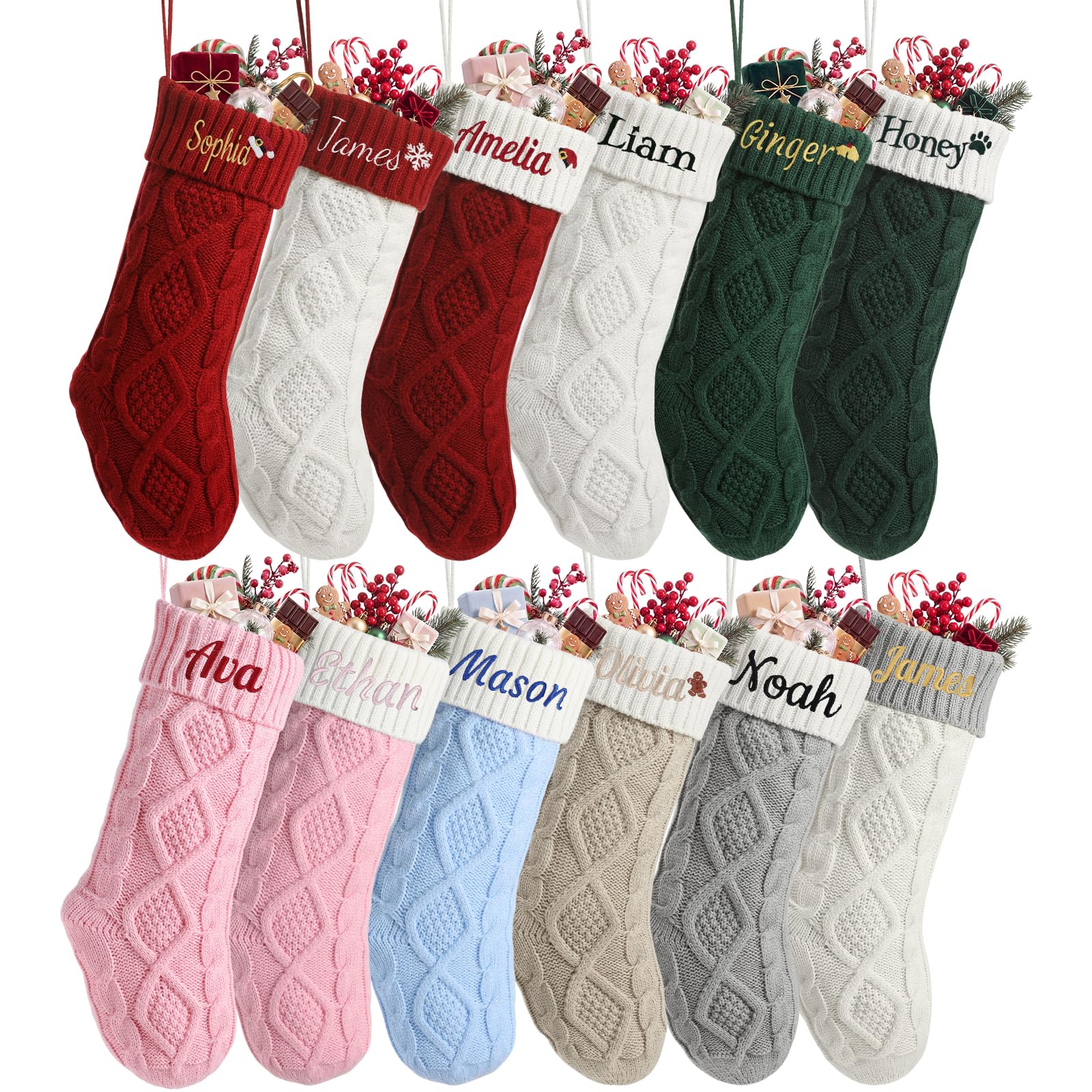 Personalised Christmas Stockings, 18" Large Custom Knitted Christmas Stockings with Embroidered Name & Icons, 2 Pack Customized Stocking Hanging for Family, Kids, Pets Fireplace Mantel Holiday Decor