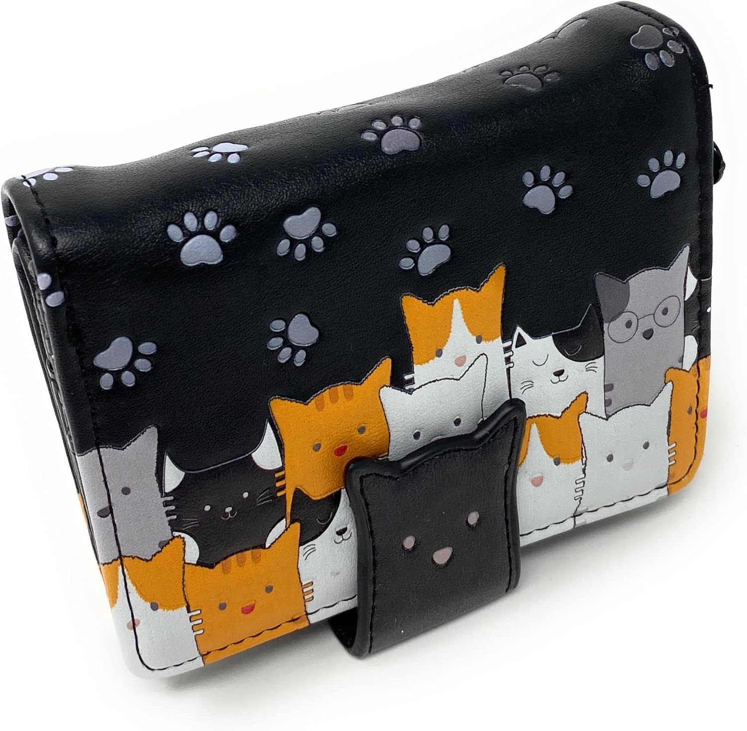 Shag Wear Kitty Crowd Small Wallet Vegan Faux Leather Cat Design Compact Purse with Card Slots ID Window Bill Pocket Zippered Coin Section 4.5" Black