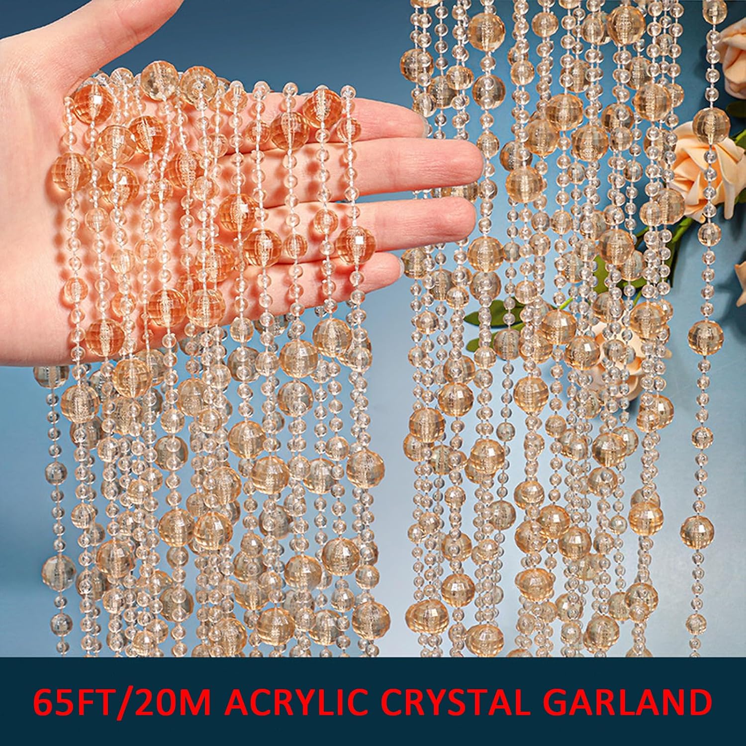 Crystal Bead Garland Strand, Acrylic, 65FT, for DIY Crafts, Wedding, Birthday Party Decorations, Champagne and Clear (Champagne-Gold)