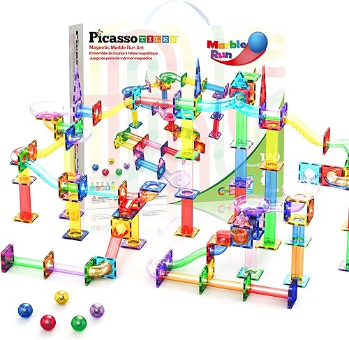PicassoTiles Juego de 120 piezas de azulejos magnéticos para carreras de mármol, juguete de construcción STEM con pista, bloques de construcción