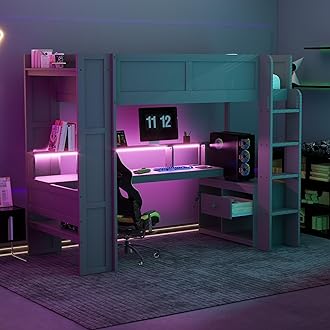 SOFTSEA Twin Gaming Loft Bed with Desk & LED Light, Wood Loft Bed with Charging Station, Loft Bunk Bed with Multi-Storage Shelves and Drawers for Kids Teens Boys Girls, Dark Gray