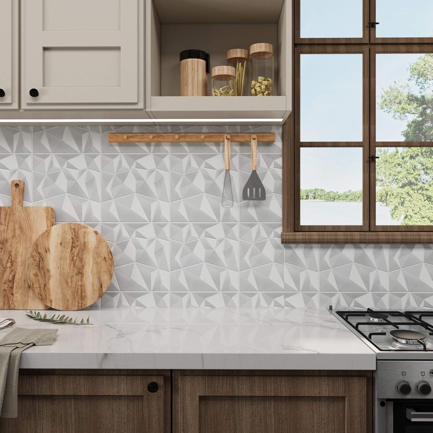 10-Sheet Peel and Stick Tile Backsplash 12"x12"x0.04", Backsplash for Kitchen (White-Grey)