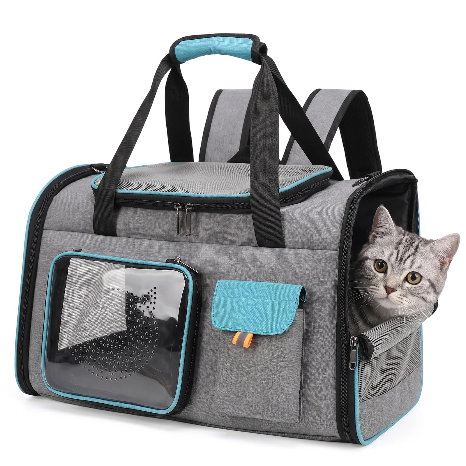 Foldable Cat Carrier with Double Shoulder Straps, Stable Soft-Sided Pet Travel Transport Bag with Breathable Mesh, Waterproof Dog Backpack Carrier with Removable Mat for Cats & Small Dogs, 51x34x30cm