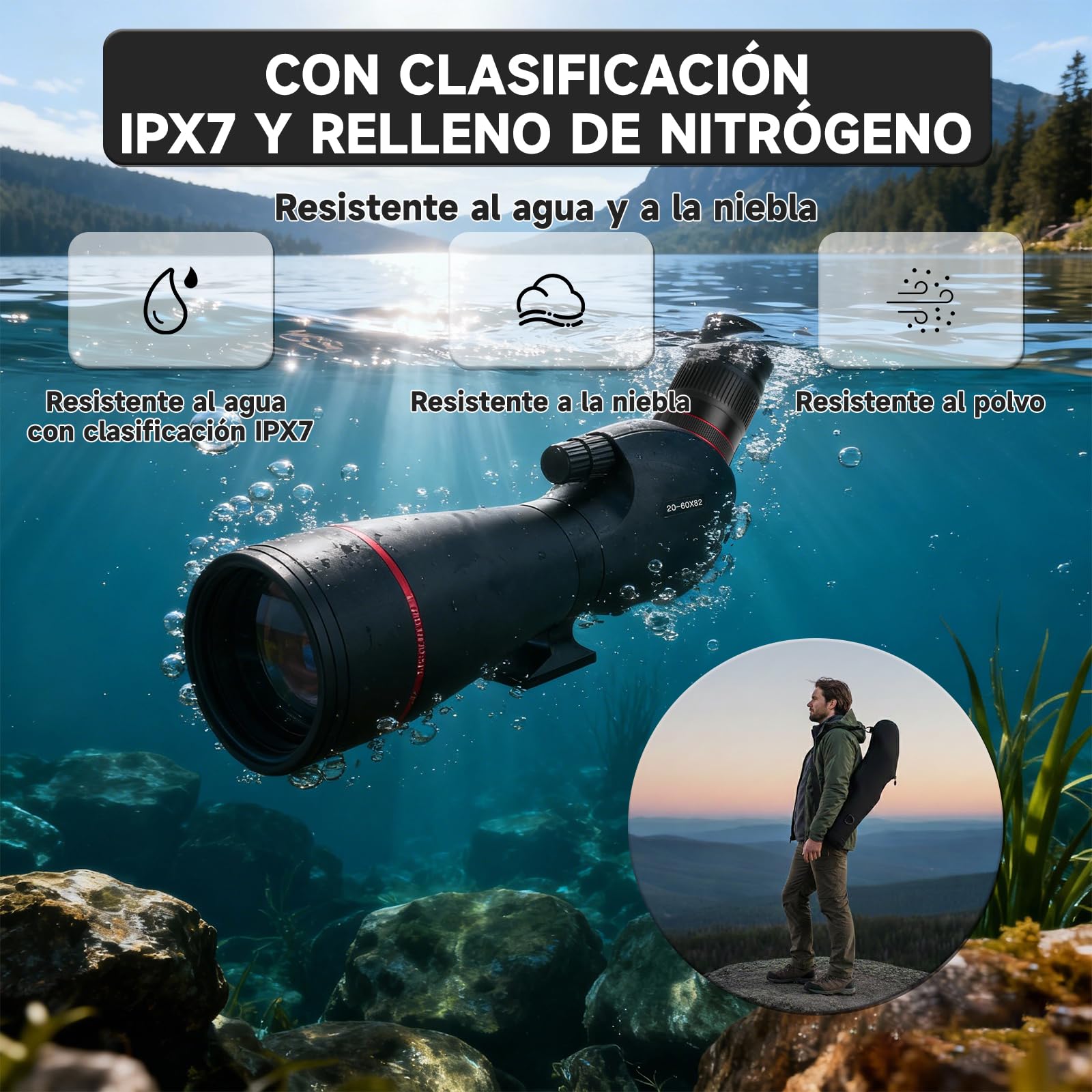 Telescopio Terrestre 20-60×82 mm HD | Prisma Porro BAK4 FMC, Ocular 27 mm, IPX7 Impermeable | Trípode + Adaptador Teléfono para Observación Aves, Caza, Tiro