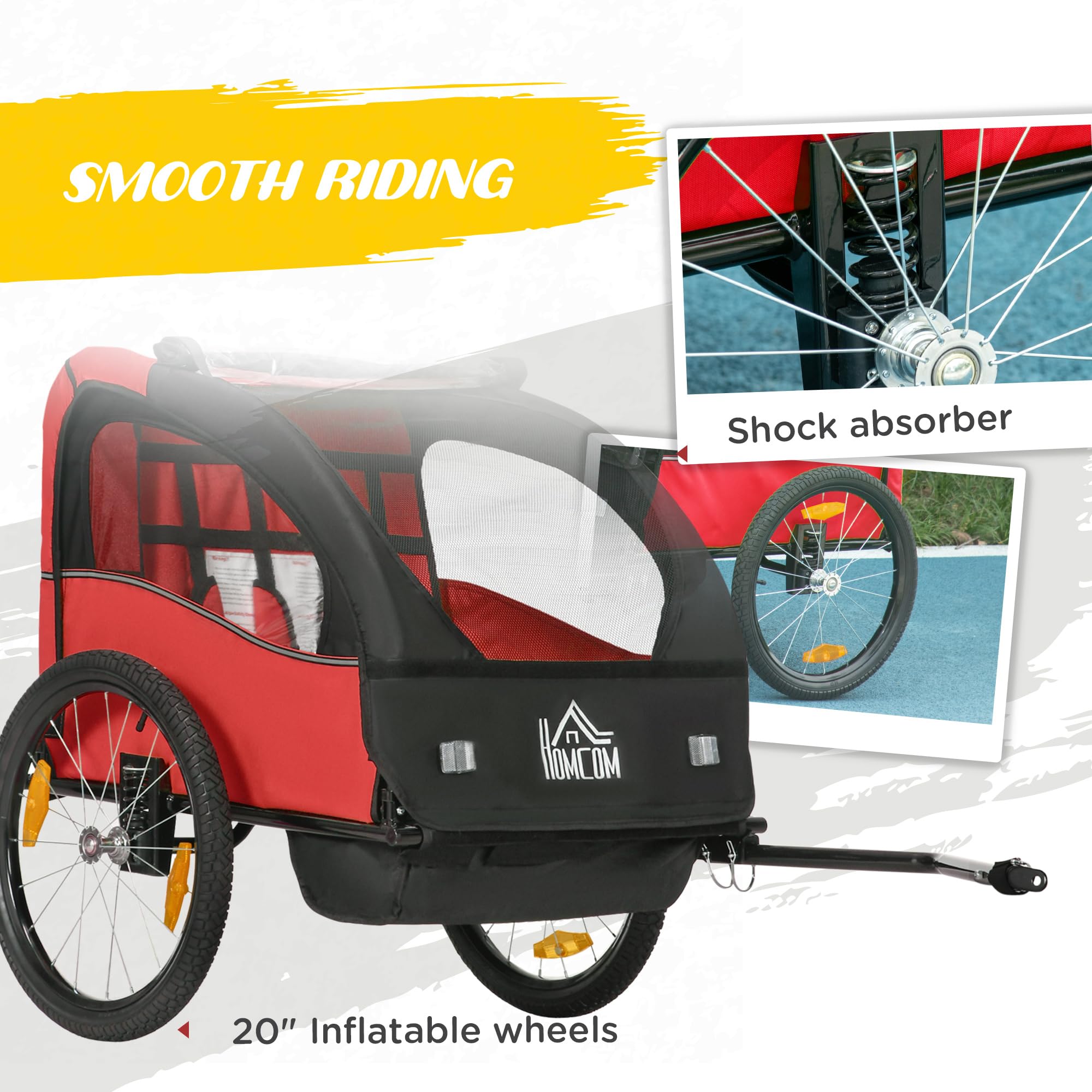 HOMCOM Remorque de vélo pour enfants 2 places 18 mois ceinture de sécurité amortisseur 140x88x90 cm
