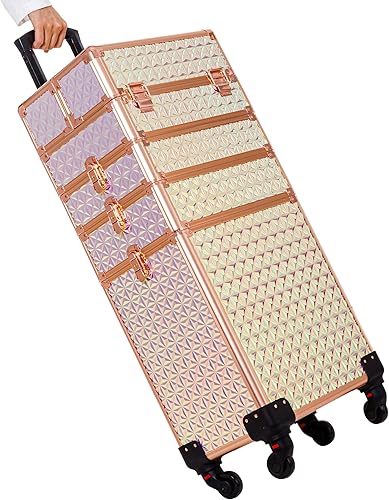 Miniatura 8 de Estuche de maquillaje profesional 5 en 1, estuche de aluminio para cosméticos, estuche de maquillaje con ruedas giratorias de 360 , Con color,