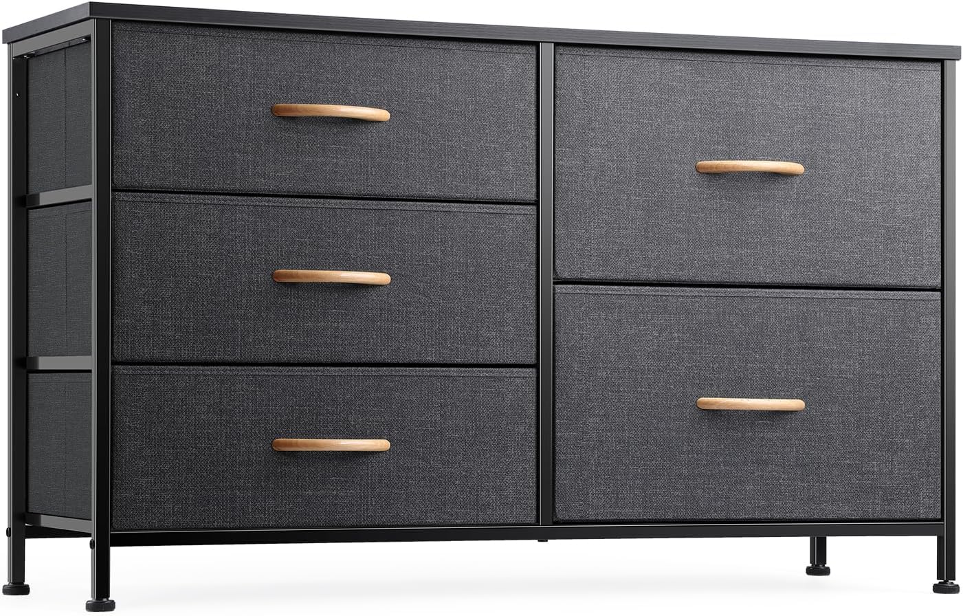 Nicehill Chest of Drawers with 5 Drawers, Storage Organizer, Wide Chest of Drawers for Closet, Clothes, Kids, Baby, TV Stand, Wood Board, Fabric Drawers(Black Grey)