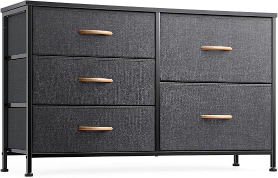 Nicehill Chest of Drawers with 5 Drawers, Storage Organizer, Wide Chest of Drawers for Closet, Clothes, Kids, Baby, TV Stand, Wood Board, Fabric DrawersBlack Grey