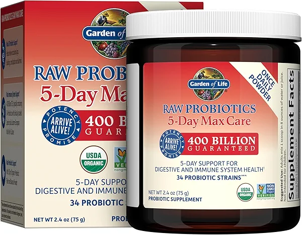 Garden of Life Organic Probiotic Powder for Women and Men - Raw Probiotics 5-Day Max Care 400 Billion CFU - Banana, High Bifido 5 Day Formula with Enzymes, Prebiotics for Digestive and Immun