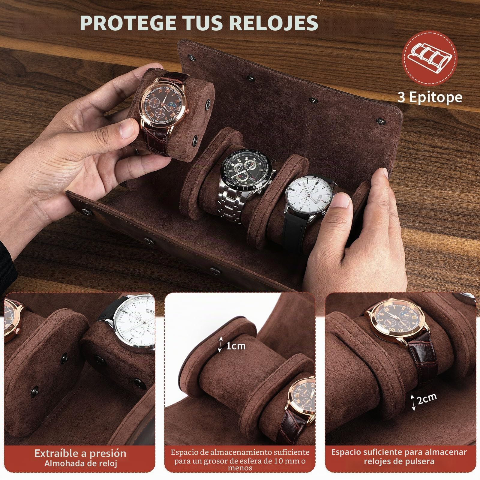 VINBAGGE Caja de Reloj, Estuche Enrollable de 3 Piezas Cuero,Estuche de Reloj Estuche de Reloj de Viaje Organizador Protector para Relojes de Pulsera