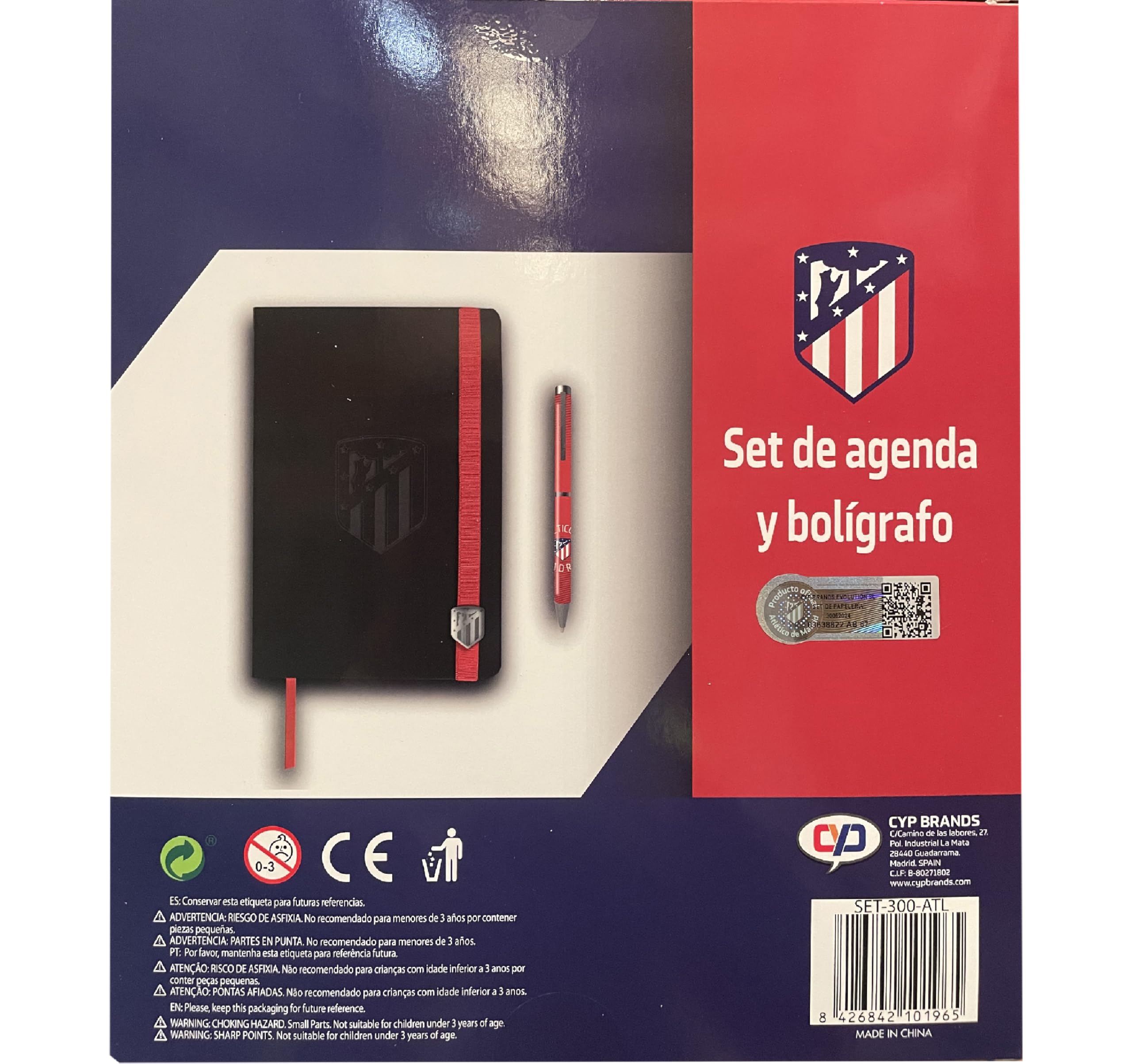 Atlético de Madrid - Pack cadeau, agenda, stylo, set d'agenda et stylo, écriture, football, couleur noire, produit officiel (CyP Brands)