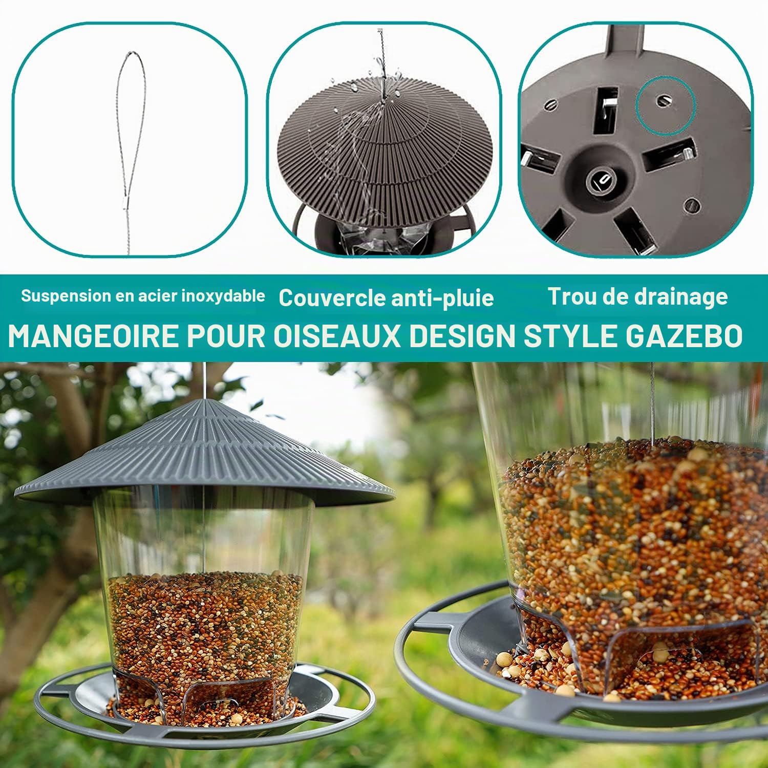 Mangeoire à Oiseaux à Suspendre, Mangeoire Oiseaux Exterieur Grande Capacité Distributeur à Graines pour Petits Oiseaux Sauvages en Plein air, Jardin, Parc