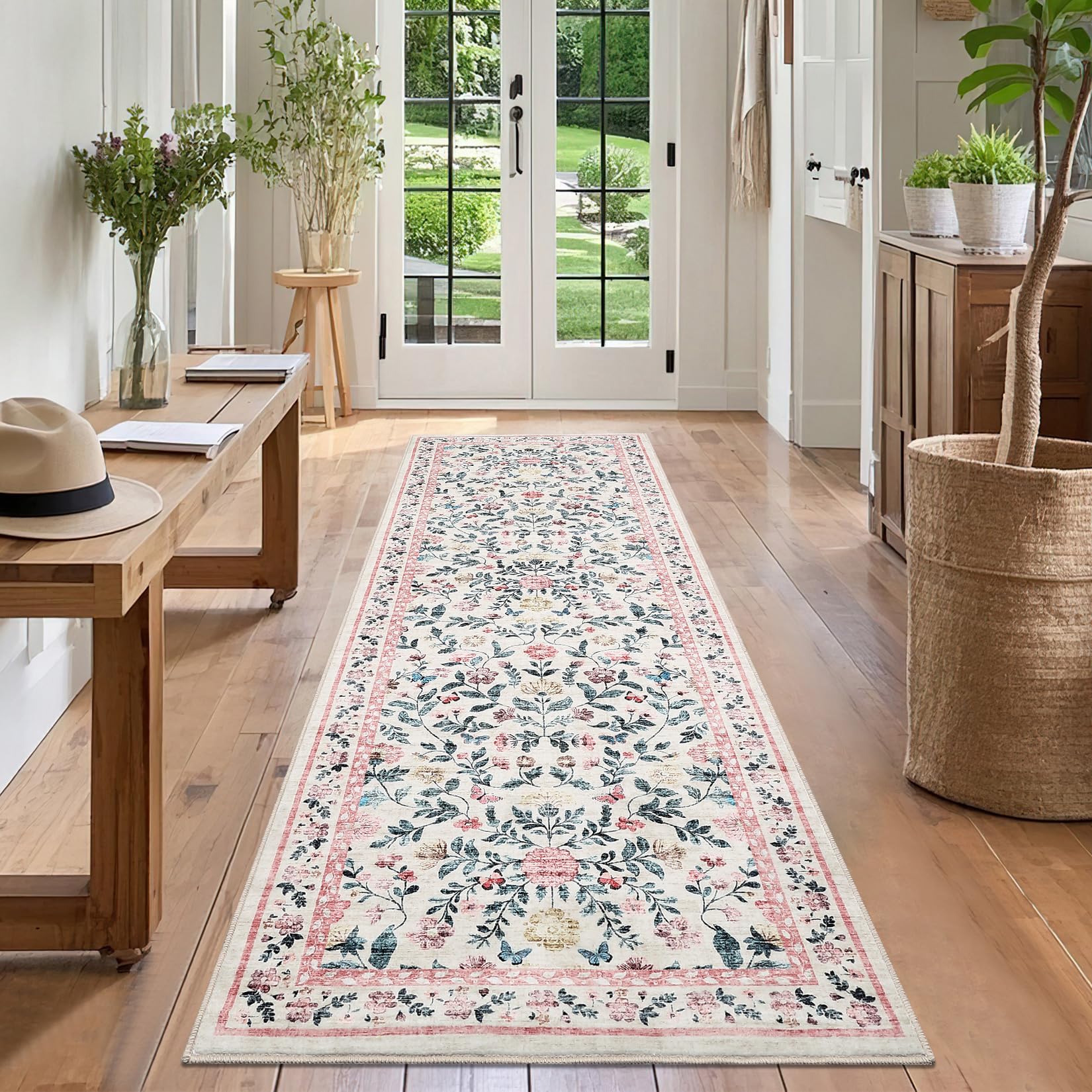 CAROMIO Hallway Runner Rug 60x180 cm, Floral Bedside Rugs Bedroom, Washable Farmhouse Carpet for Living Room, Low Pile Foldable Floor Mat for Kitchen, Pink — image 1