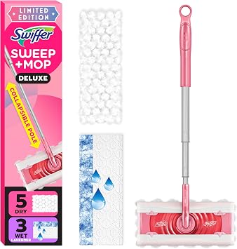 Swiffer Sweep and Mop Deluxe, Limited Edition Pink, 2-in-1 Floor Mopping and Sweeping Kit, Multi-Surface Kit for Floor Cleaning, Includes 1 Sweeper, 5 Heavy Duty Dry Cloths, 3 Heavy Duty Wet Cloths