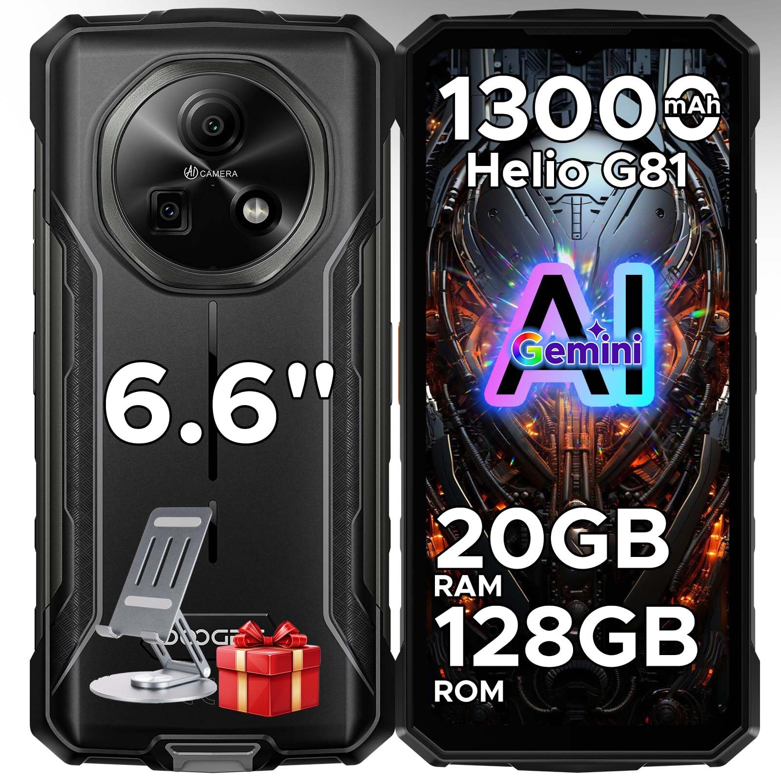 DOOGEE Fire 5 Pro Rugged Smartphone, 20GB+128GB 13000mAh Android 15 Telefono Indistruttibile, Mediatek Helio G81 Octa-core, 6.6" 90Hz Display, 13MP+8MP, NFC/Triple Card Slot/Face ID/GPS/IP68/IP69K