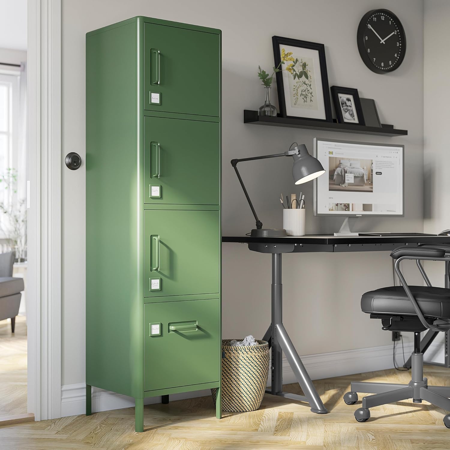 IDÅSEN High cabinet with drawer and doors, dark green, 45x172 cm
