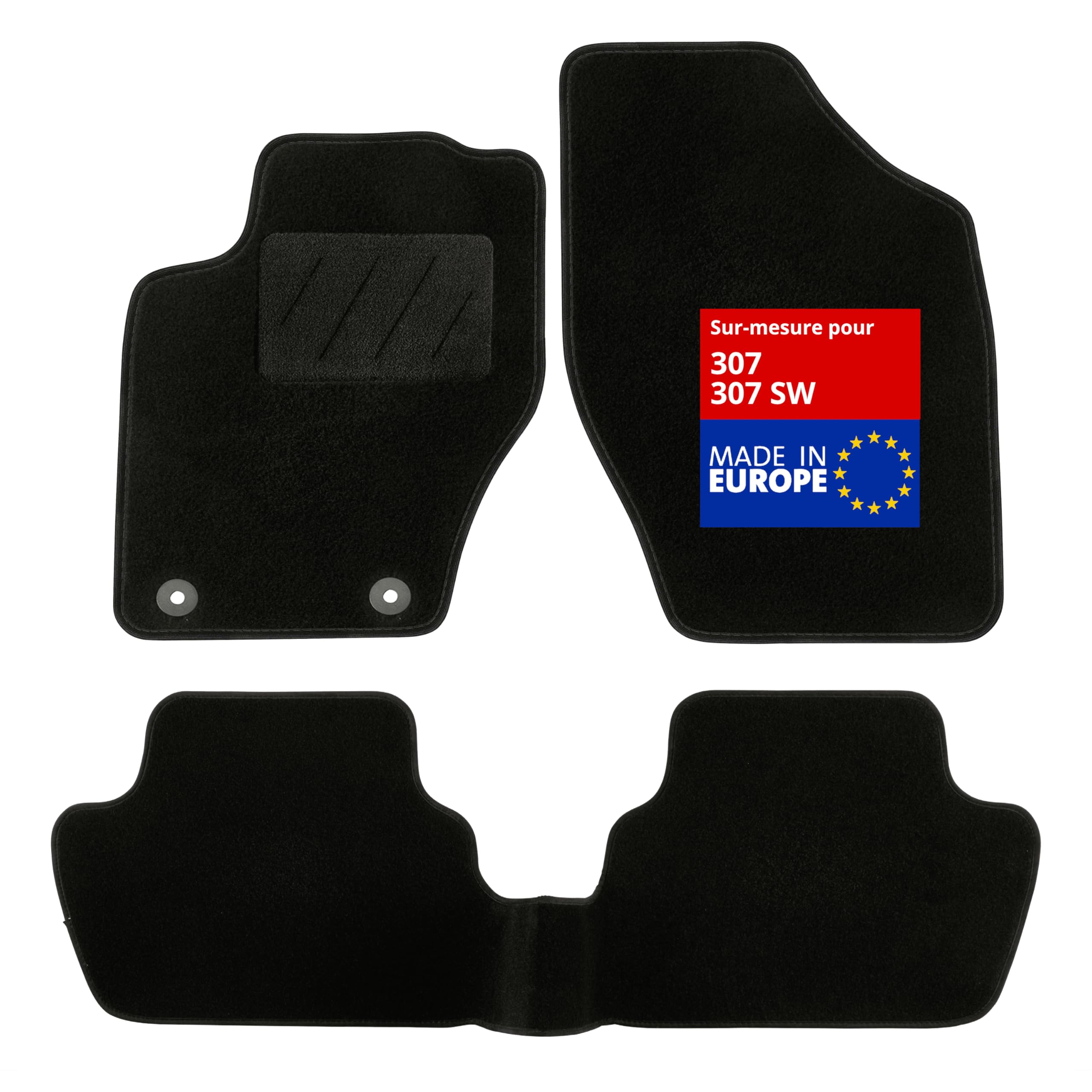 DBS - Tapis de Sol Voiture - sur Mesure - Adapté à Votre Peugeot 307/307 SW (04/2001-04/2008) Antidérapant : Clips de Fixation et Autogrip - 3 pièces : Protection du Pont arrière - Moquette