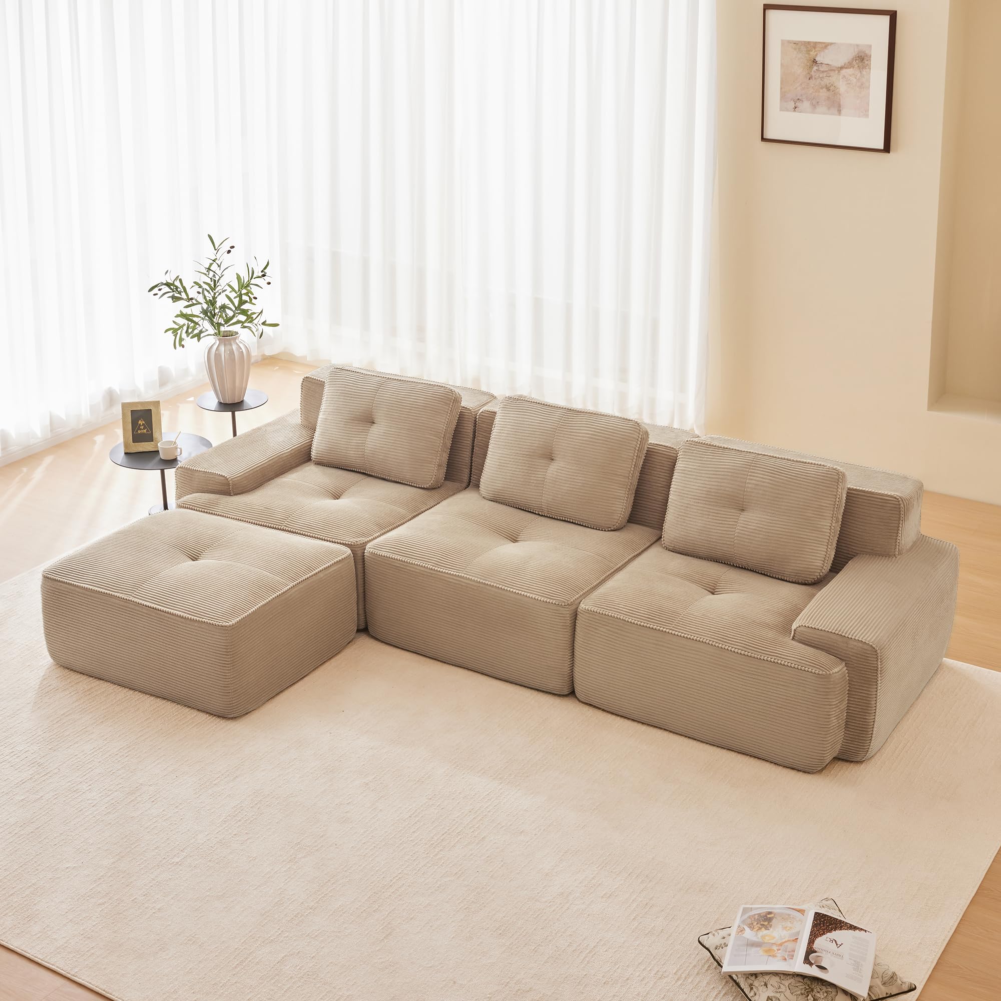 Sofá modular de pana en forma de L, sofá cama con taburete otomano, sofá de salón con comodidad y soporte de asiento bajo, sin montaje, espuma 32D de alta elasticidad (caqui claro, 3 plazas+1)