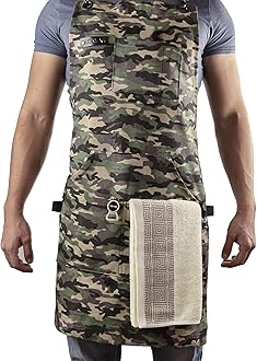 Asaya Chef and BBQ Apron with Bottle Opener and Hand Towel - 10oz Cotton Canvas, Stainless Steel Hardware - Cross Back Straps