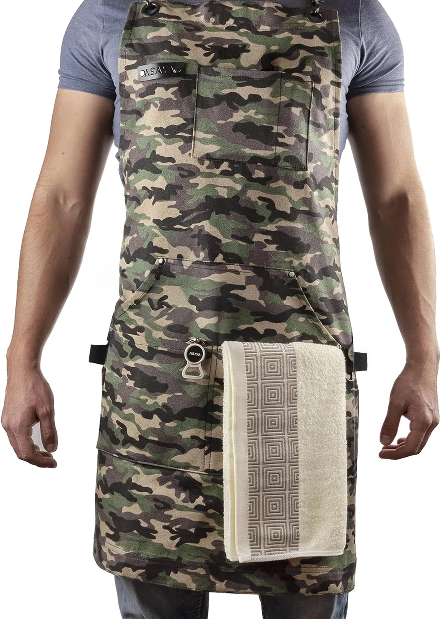 Asaya Chef and BBQ Apron with Bottle Opener and Hand Towel - 10oz Cotton Canvas, Stainless Steel Hardware - Cross Back Straps