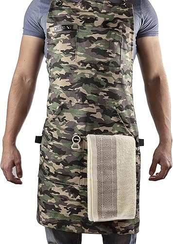 Asaya - Delantal de chef para hombres y mujeres más toalla de mano y abrebotellas, de lona de 10 onzas