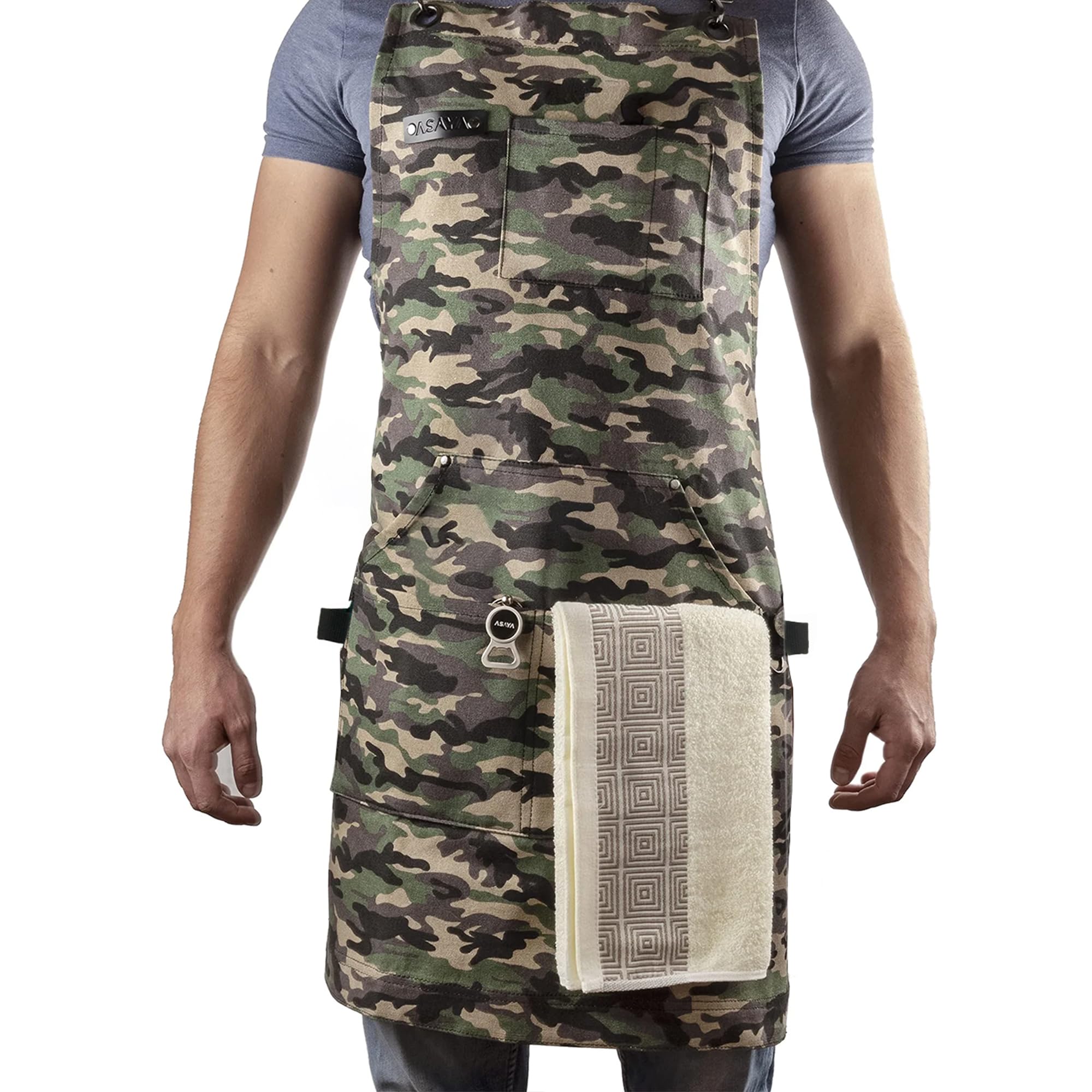 Asaya Chef Apron for Men and Women + Hand Towel and Bottle Opener - 10oz Canvas