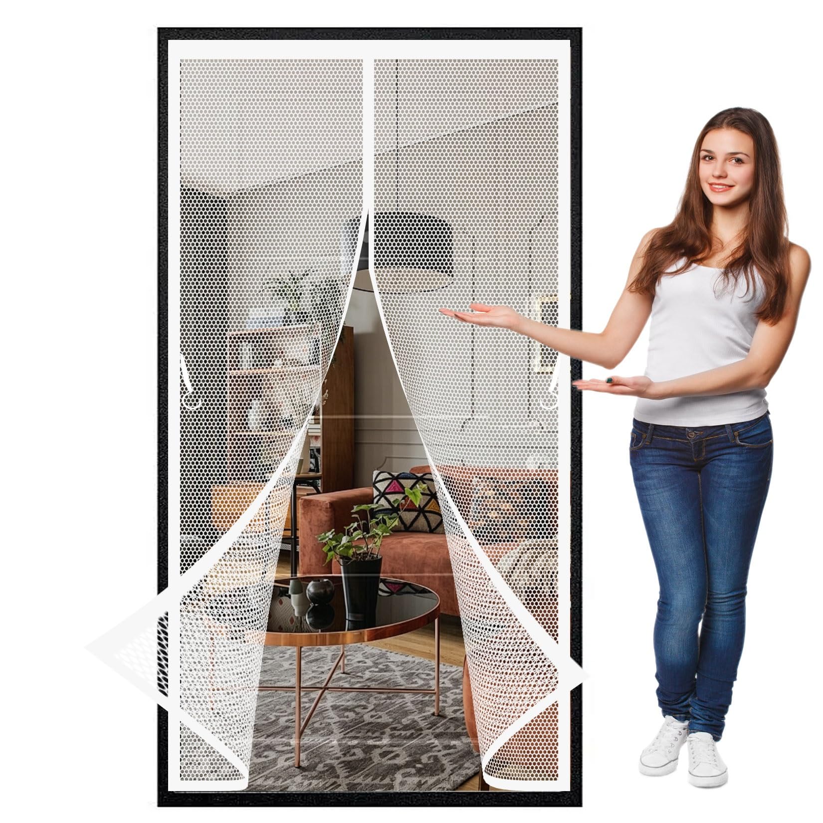 Mosquito Door Screen 115 x 165 cm Full Frame Magic Tape, Powerful Magnets Mesh Fly Curtain, Insect Protection Door Heavy Duty, Lets Fresh Air for Patio Doors Bedroom, White