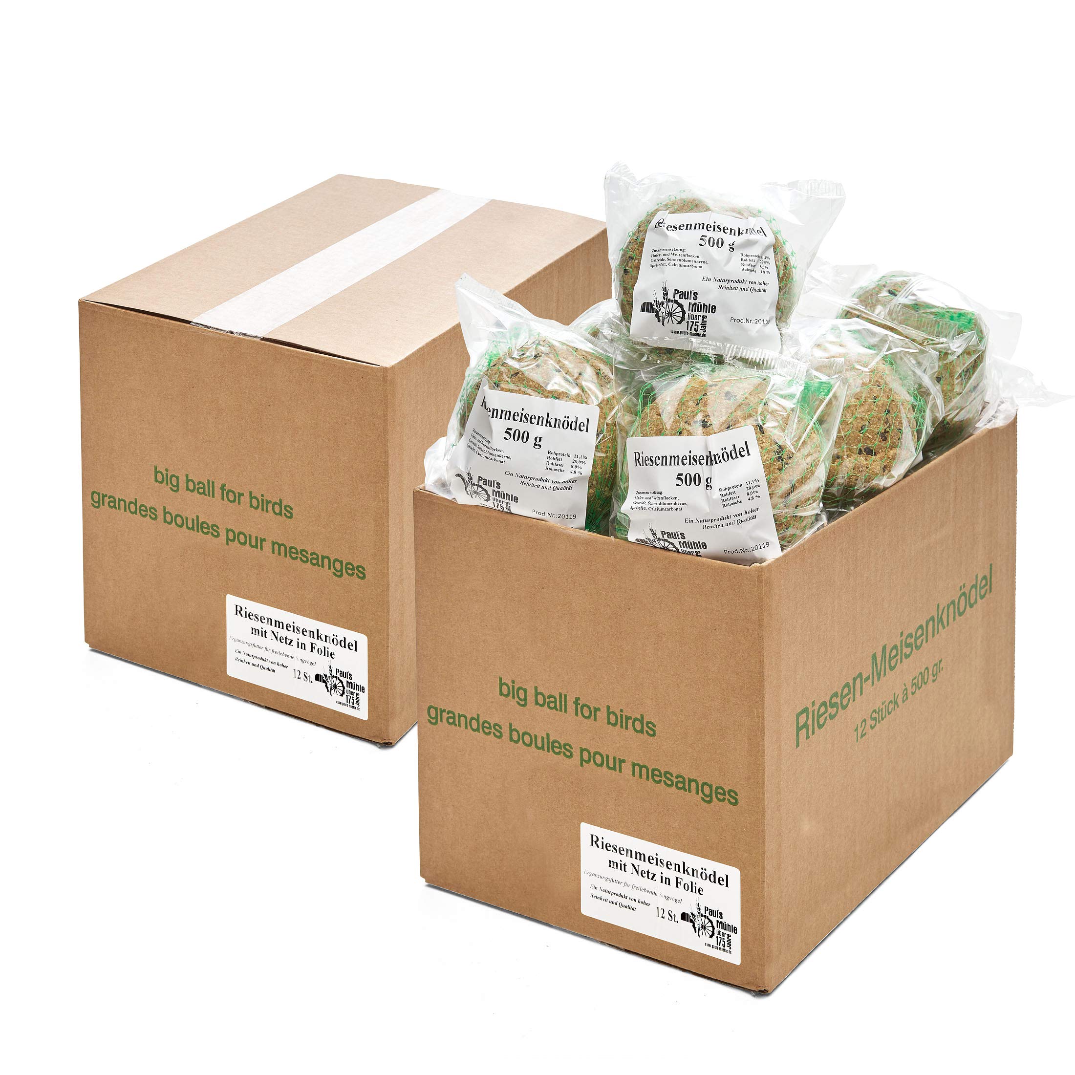 Paul's Mühle Riesen-Meisenknödel, Premium Ergänzungsfutter für Wildvögel, mit Netz im Karton, 24 Stück (2 x 12 x 500 g)