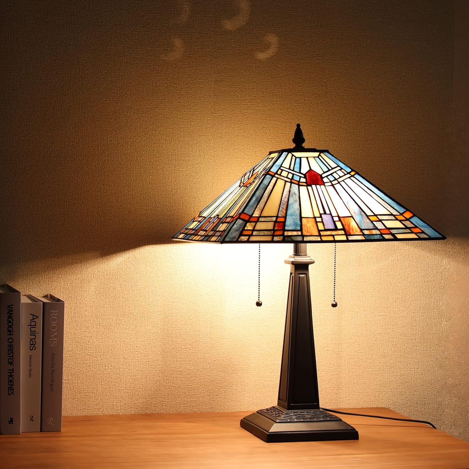 Tiffany Table Lamp 16" Wide Handmade Stained Glass Lamp Shade 2 Light Blue Mission Style Vintage Table Lamp for Living Room Bedroom