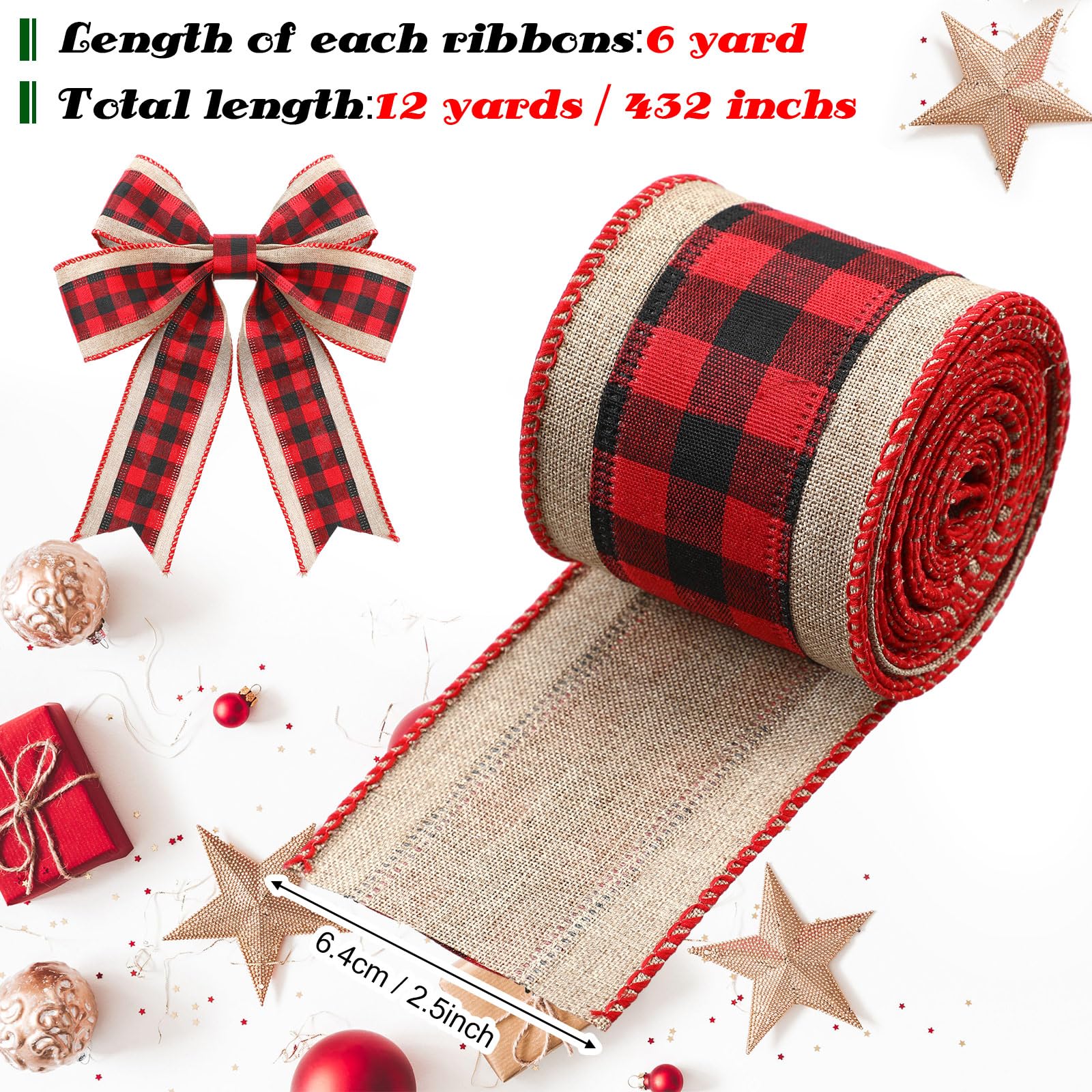 2 Rollen Weihnachts-Büffelkariertes Bänder, Jute, Drahtrand, kariertes Gingham-Stoff, Bastelband für DIY-Schleifen, Verpackungsdekoration, 6 m lang (schwarz-rot, 6 cm breit)