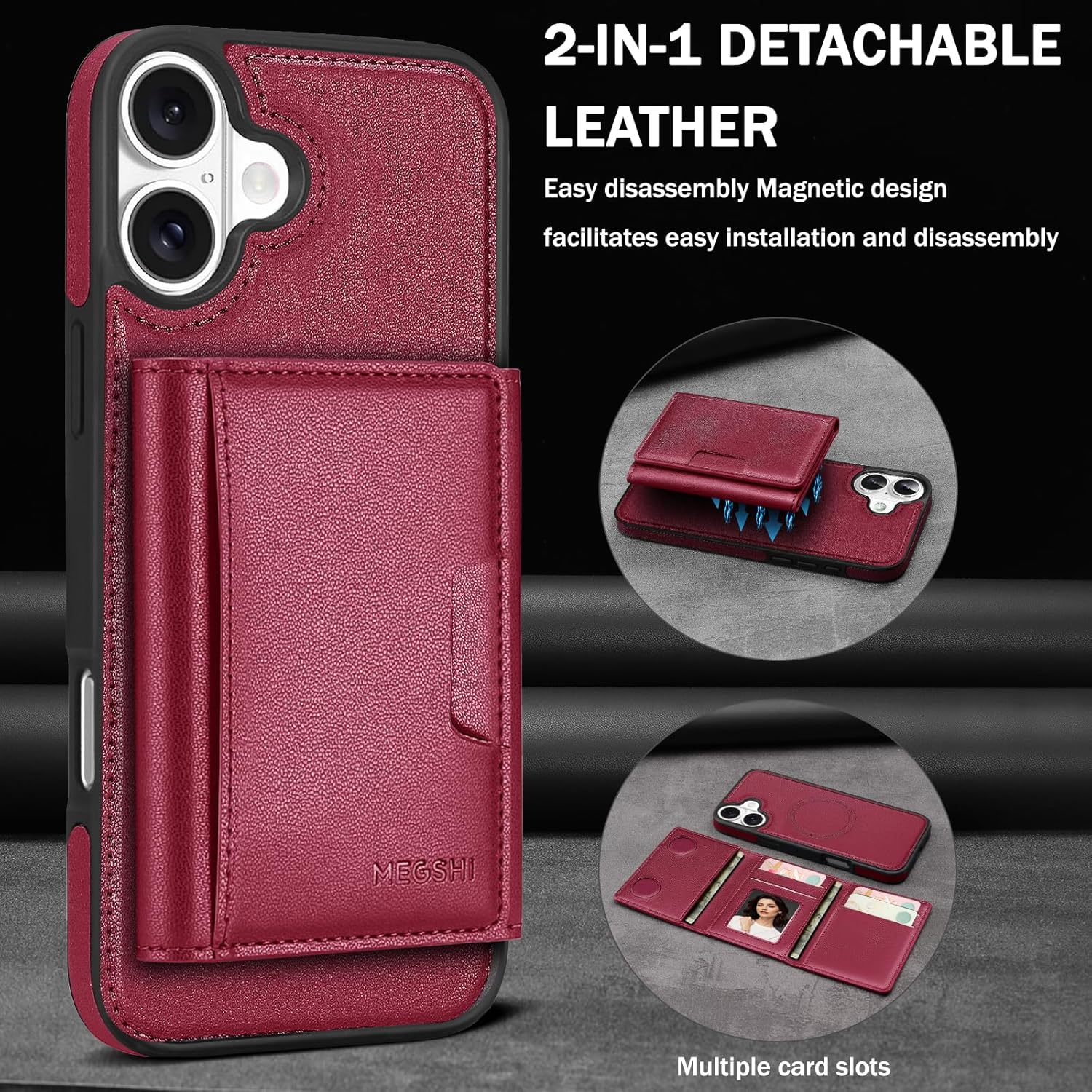 for iPhone 16 Wallet Case, 2-in-1 Detachable Wallet Case, Card Holder RFID Blocking, Fashionable Faux Leather Card Slot & Folding Design (Red 6.1'')